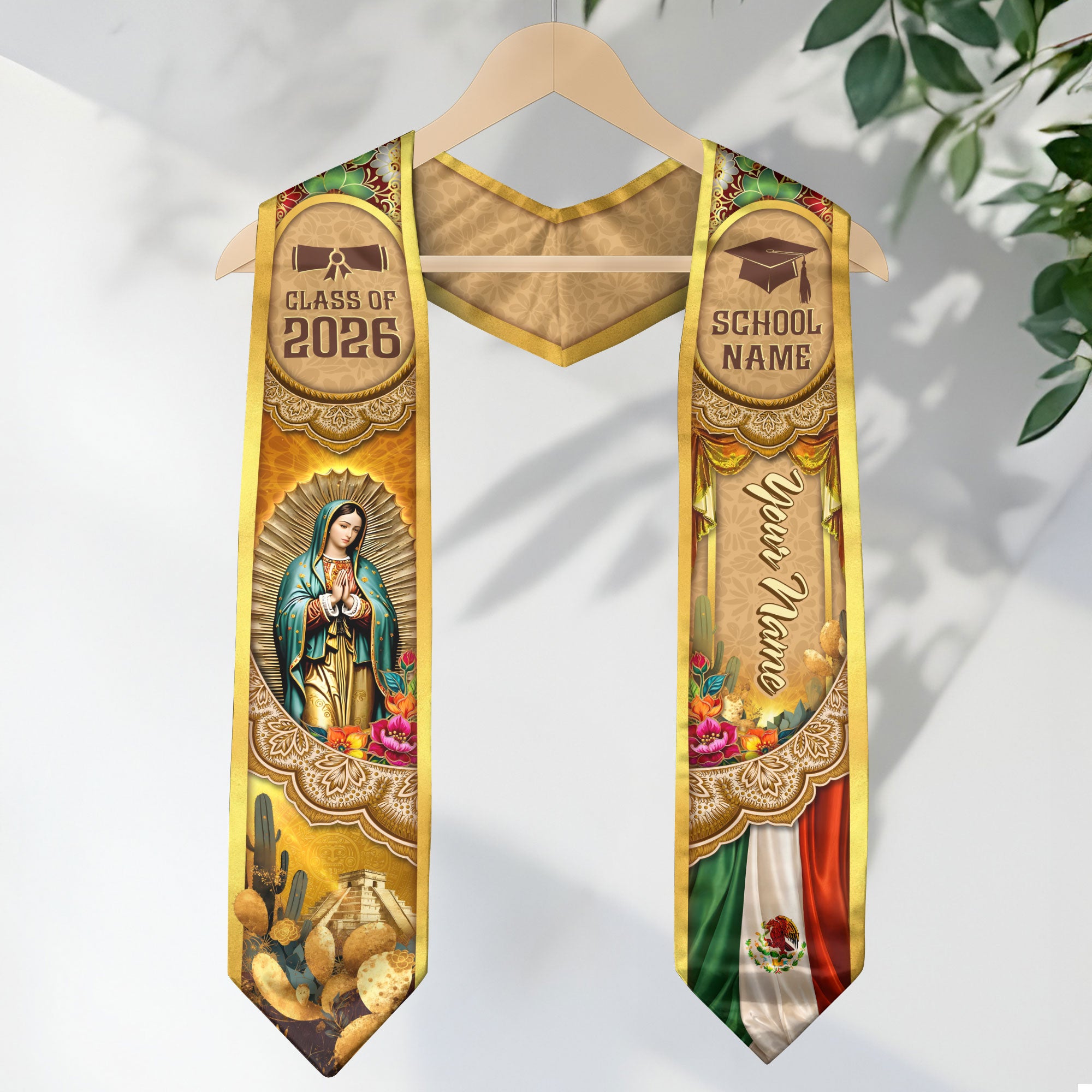Mexico Graduation Stole 2026 Virgin Mary Pyramid Personalized Heritage Gold Sash