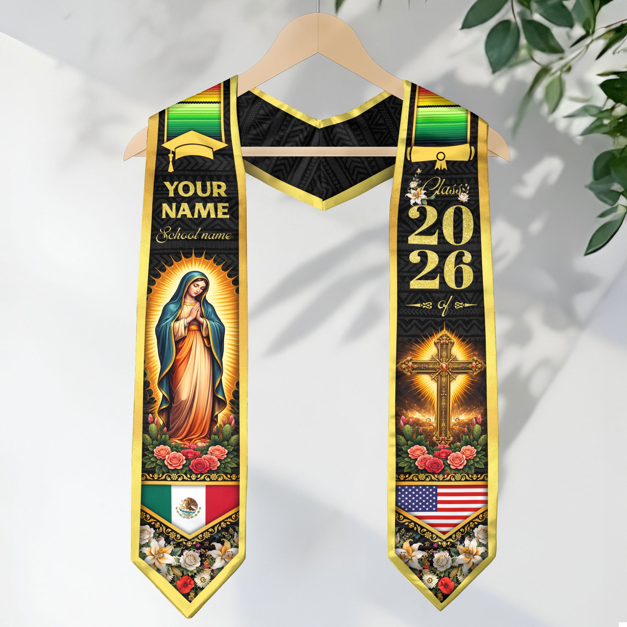Custom Mexico USA Flag Graduation Stole 2026 Virgin Mary Cross Heritage Sash