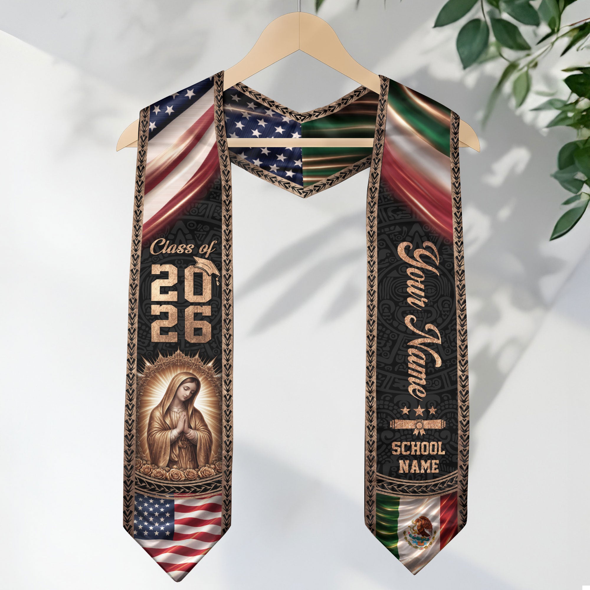 Mexico USA Flag Graduation Stole 2026 Virgin Mary Personalized Heritage Bronze Sash
