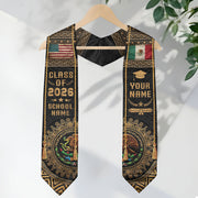 Custom Mexico USA Flag Graduation Stole 2026 Aztec Calendar Heritage Gold Sash