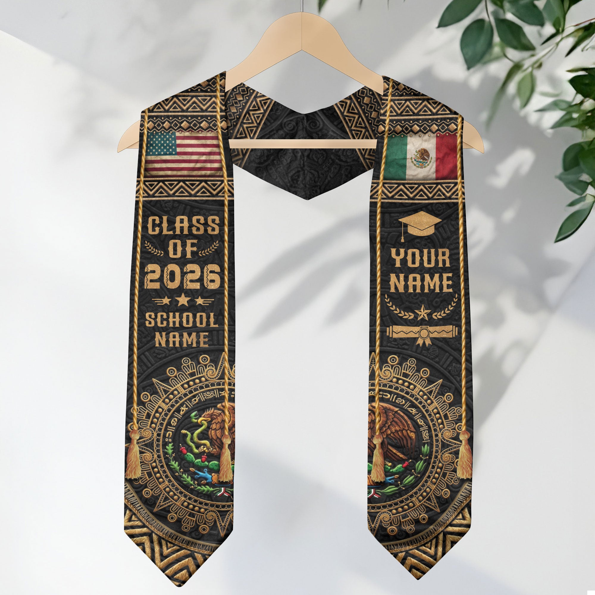 Custom Mexico USA Flag Graduation Stole 2026 Aztec Calendar Heritage Gold Sash