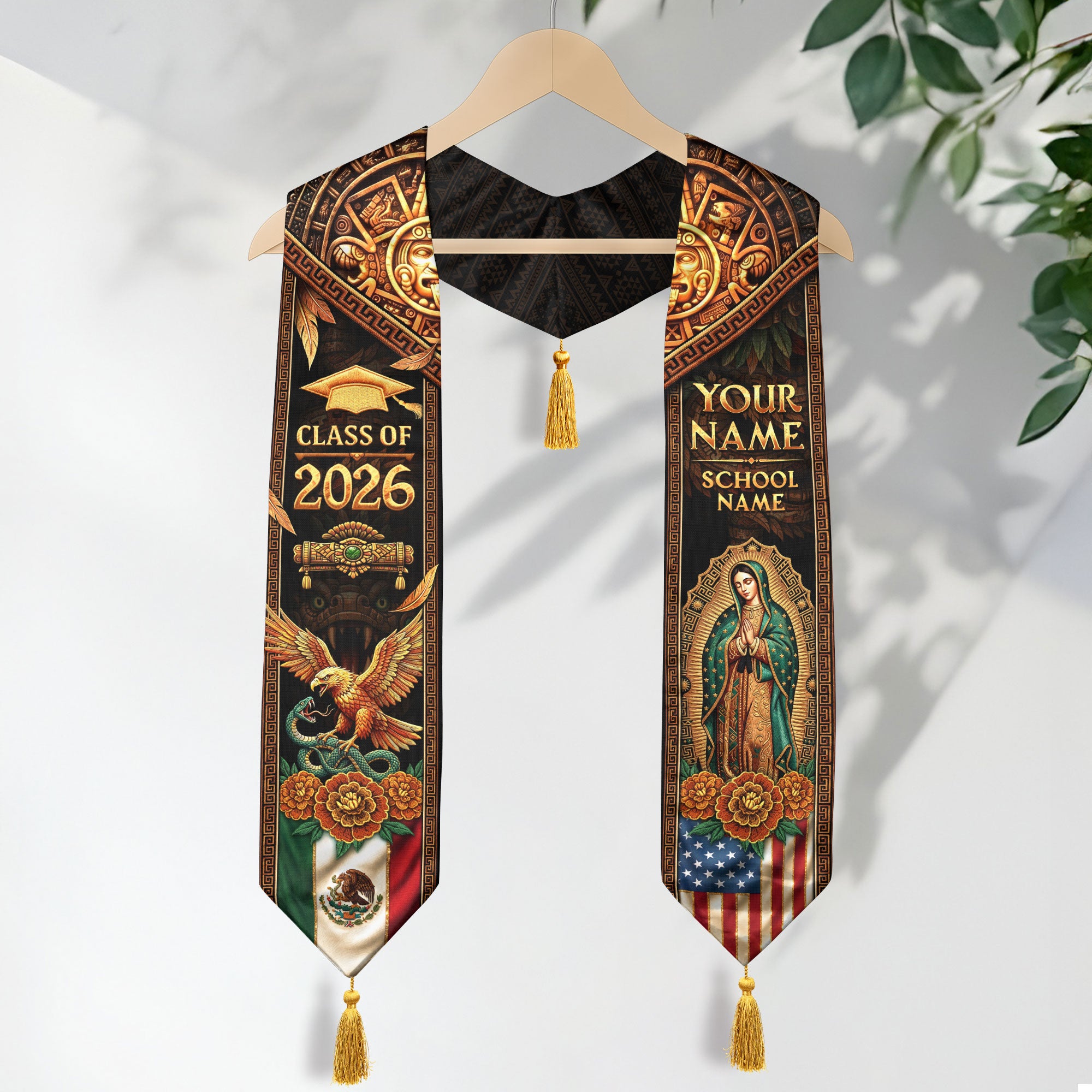 Mexico USA Graduation Stole 2026 Tassels Virgin Mary Eagle Personalized Gold Sash
