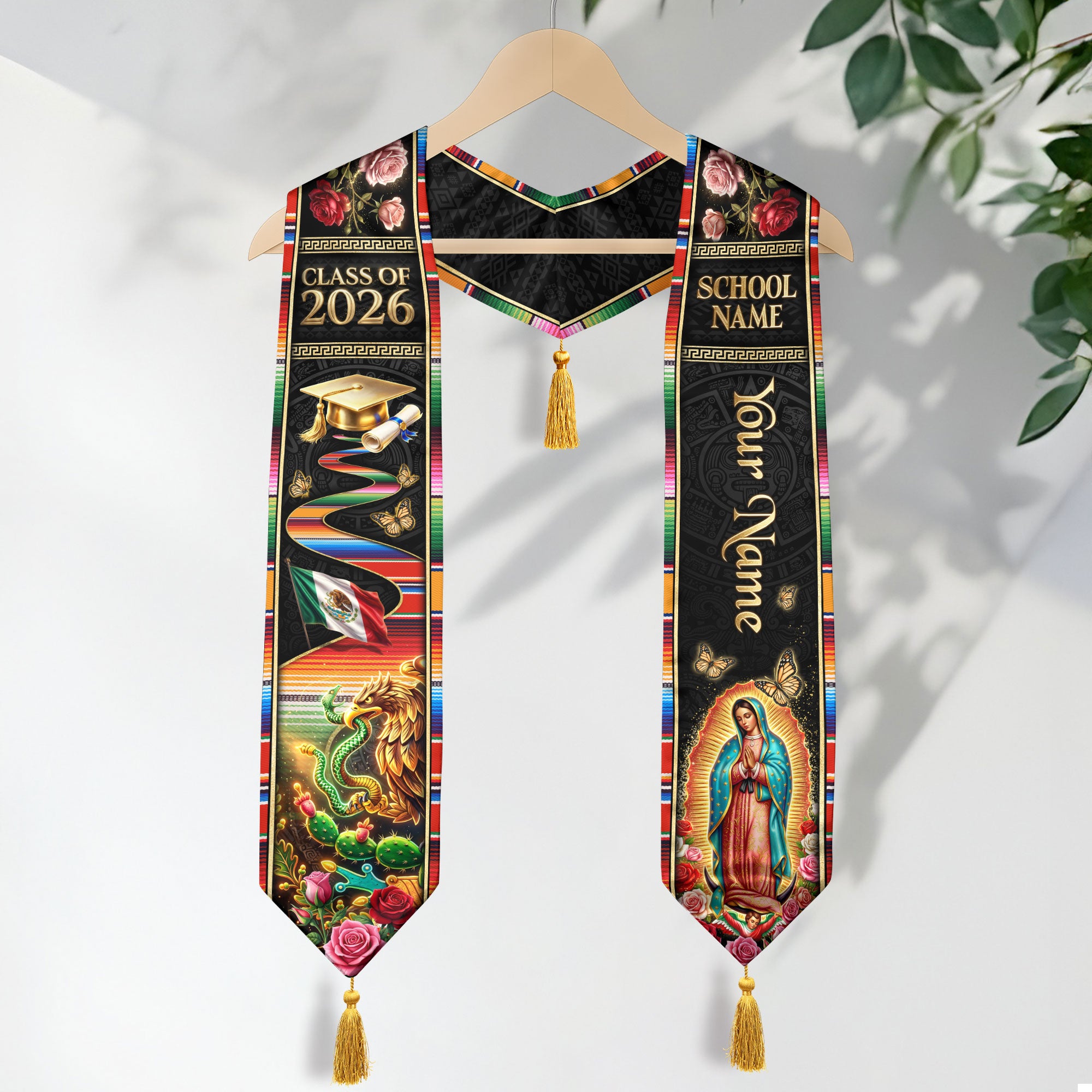 Custom Mexico Graduation Stole 2026 Tassels Virgin Mary Eagle Serape Sash