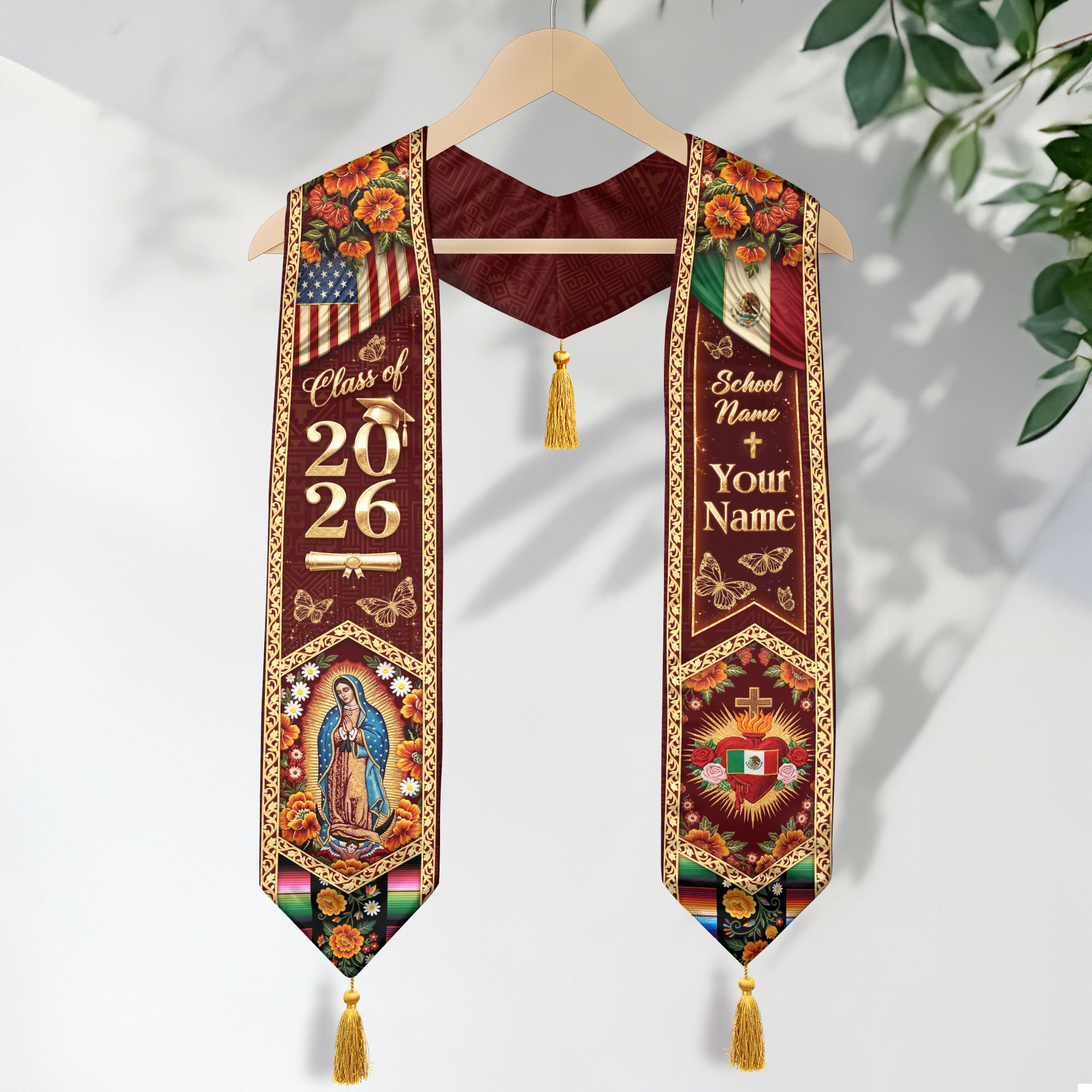 Mexico USA Graduation Stole 2026 Tassels Virgin Mary Burgundy Personalized Heritage Sash