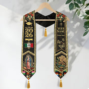 Custom Mexico Graduation Stole 2026 Tassels Virgin Mary Eagle Black Gold Sash