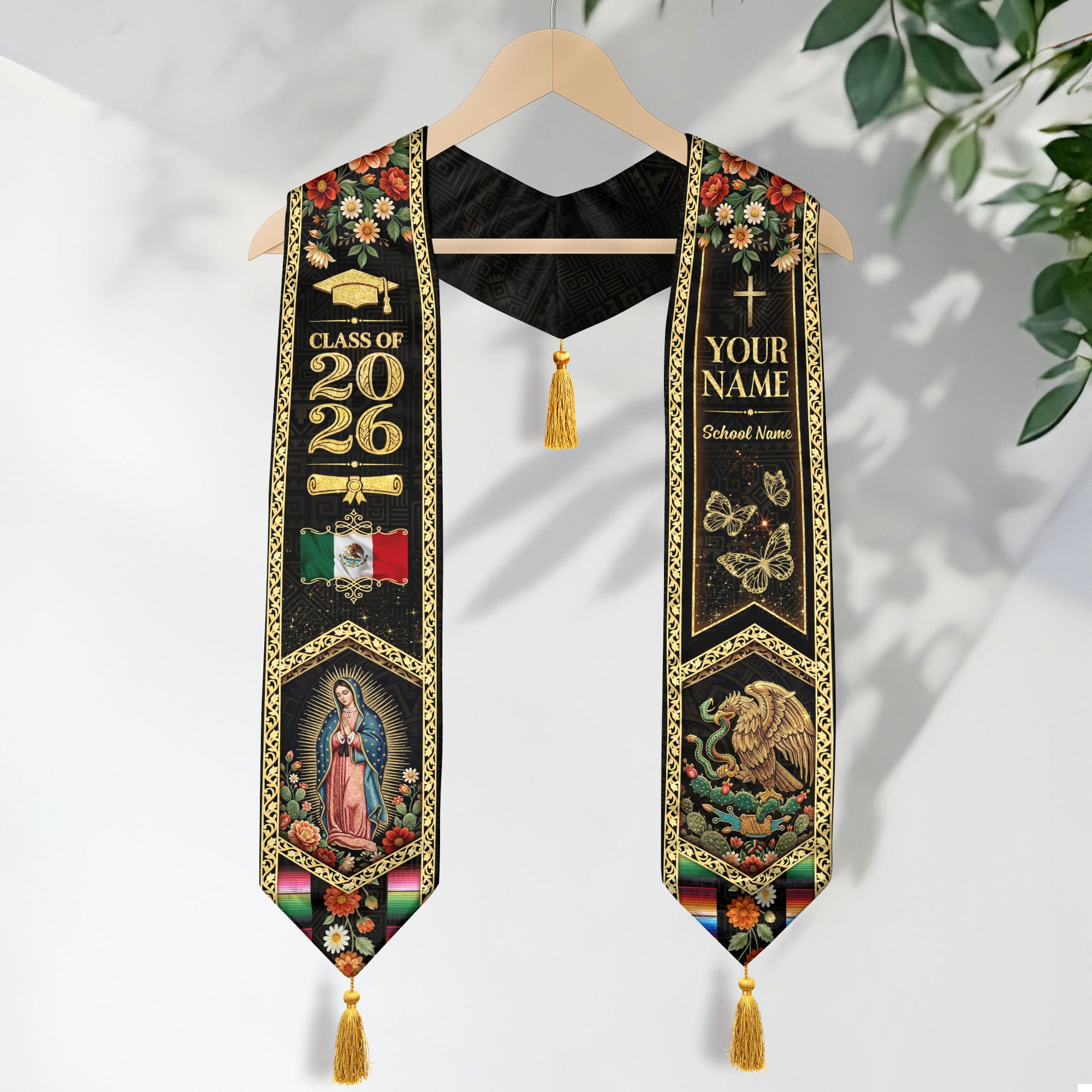 Custom Mexico Graduation Stole 2026 Tassels Virgin Mary Eagle Black Gold Sash