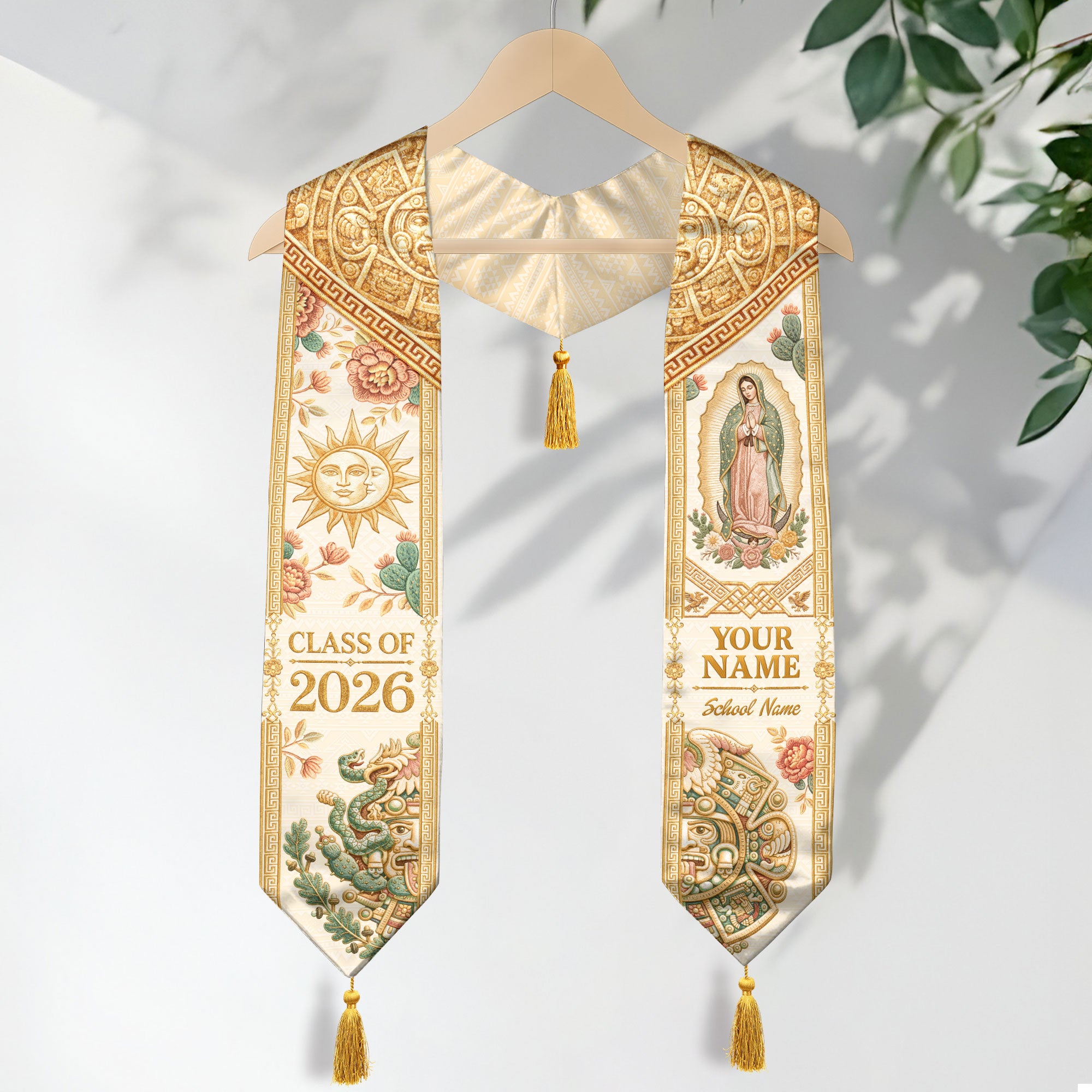 Custom Mexico Graduation Stole 2026 Tassels Virgin Mary Ivory Aztec Gold Sash