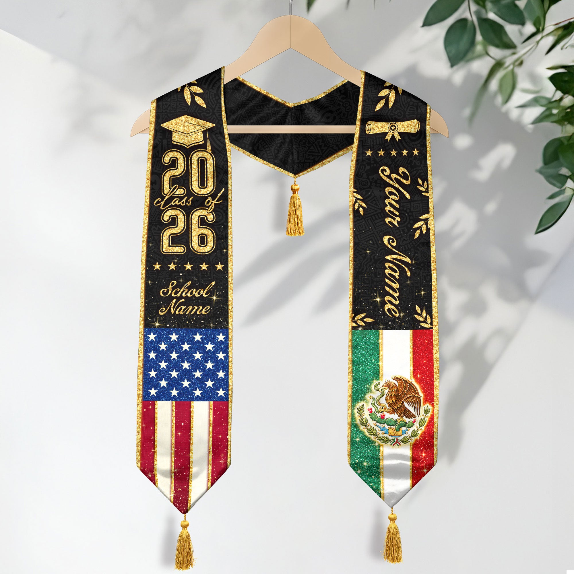 Personalized Mexico USA Golden Tassels Edition Class of 2026 Graduation Stole