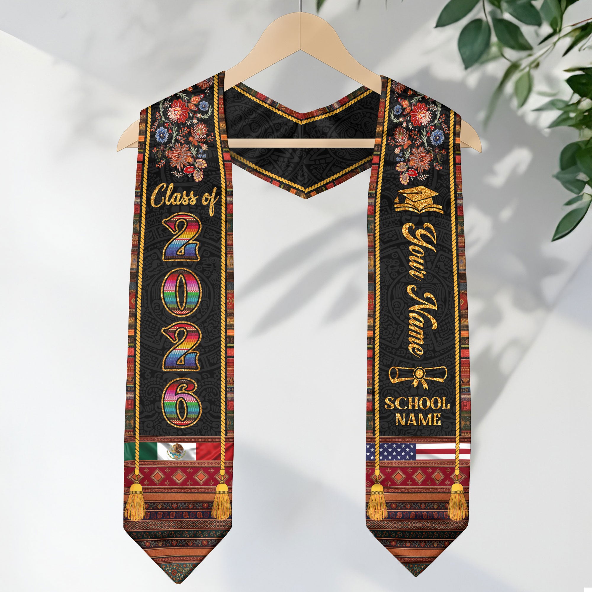 Custom Mexican American Grad Stole Class of 2026 Embroidered Style Graduation Sash
