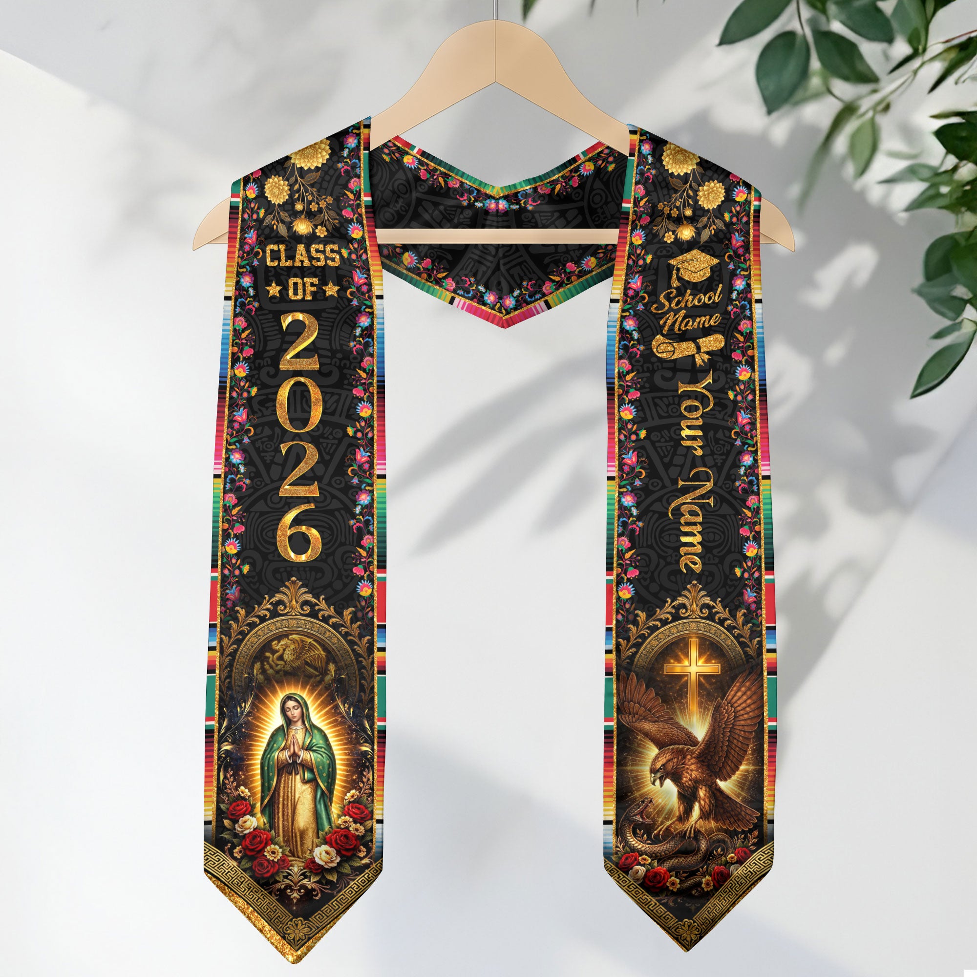 Mexico Graduation Stole Custom Class of 2026 Virgin Mary Aztec Eagle Serape Sash
