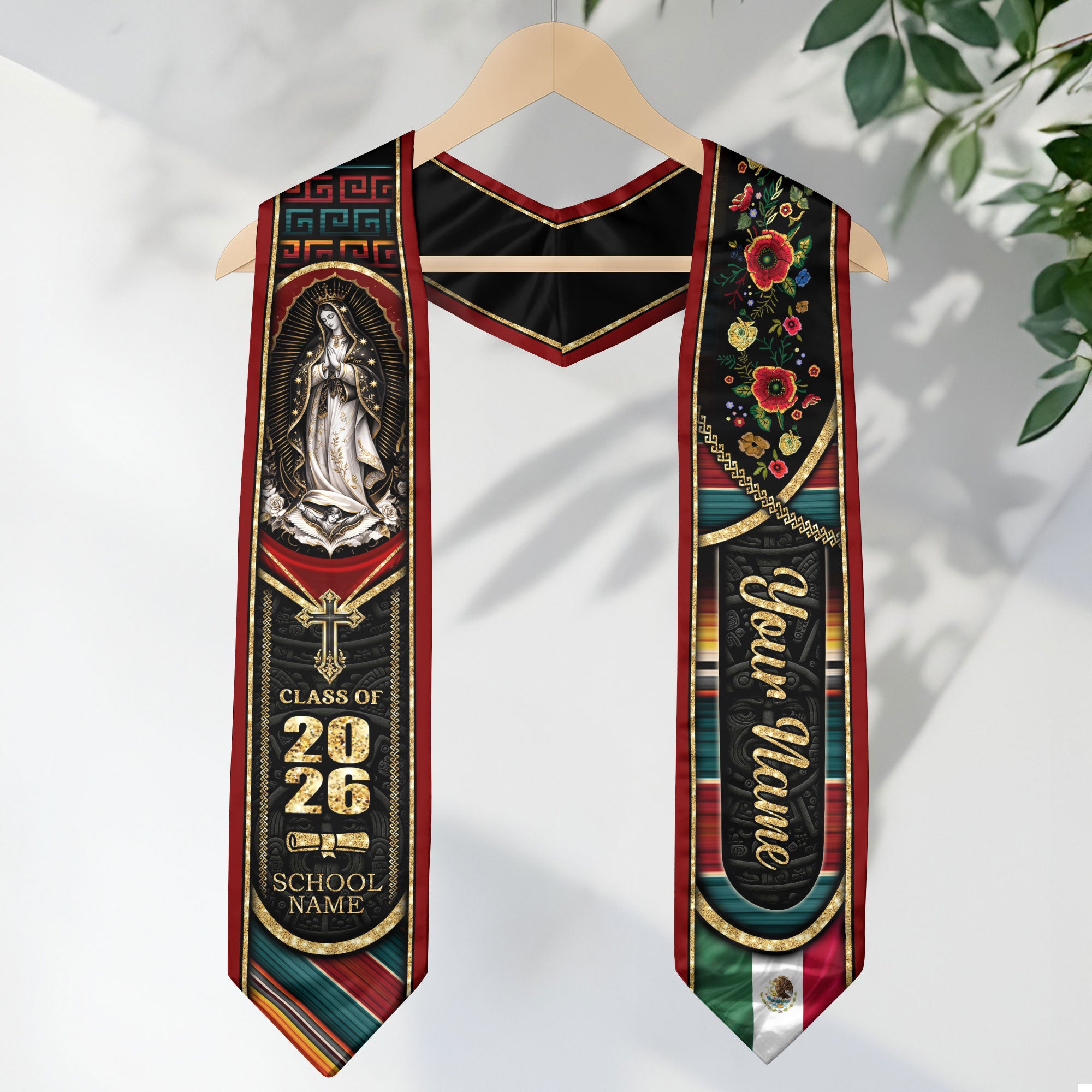 Mexican Heritage Graduation Stole 2026 - Custom Name Floral Embroidered Virgin Mary Sash