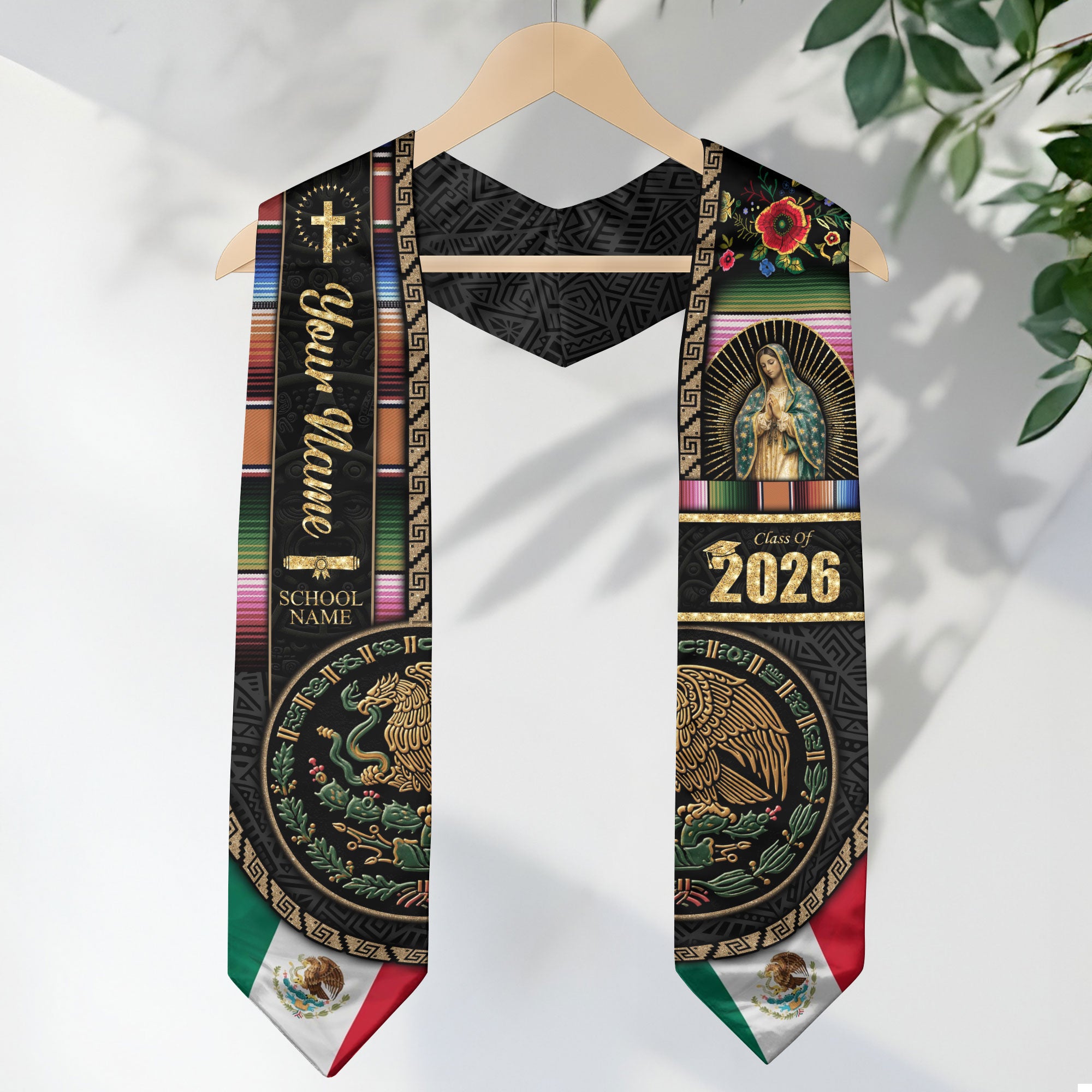 Mexican Flag Graduation Stole 2026 - Personalized Name School Eagle Serape Sash