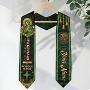 Mexican Heritage Graduation Stole 2026 - Custom Name Green Gold Virgin Mary Cross Sash