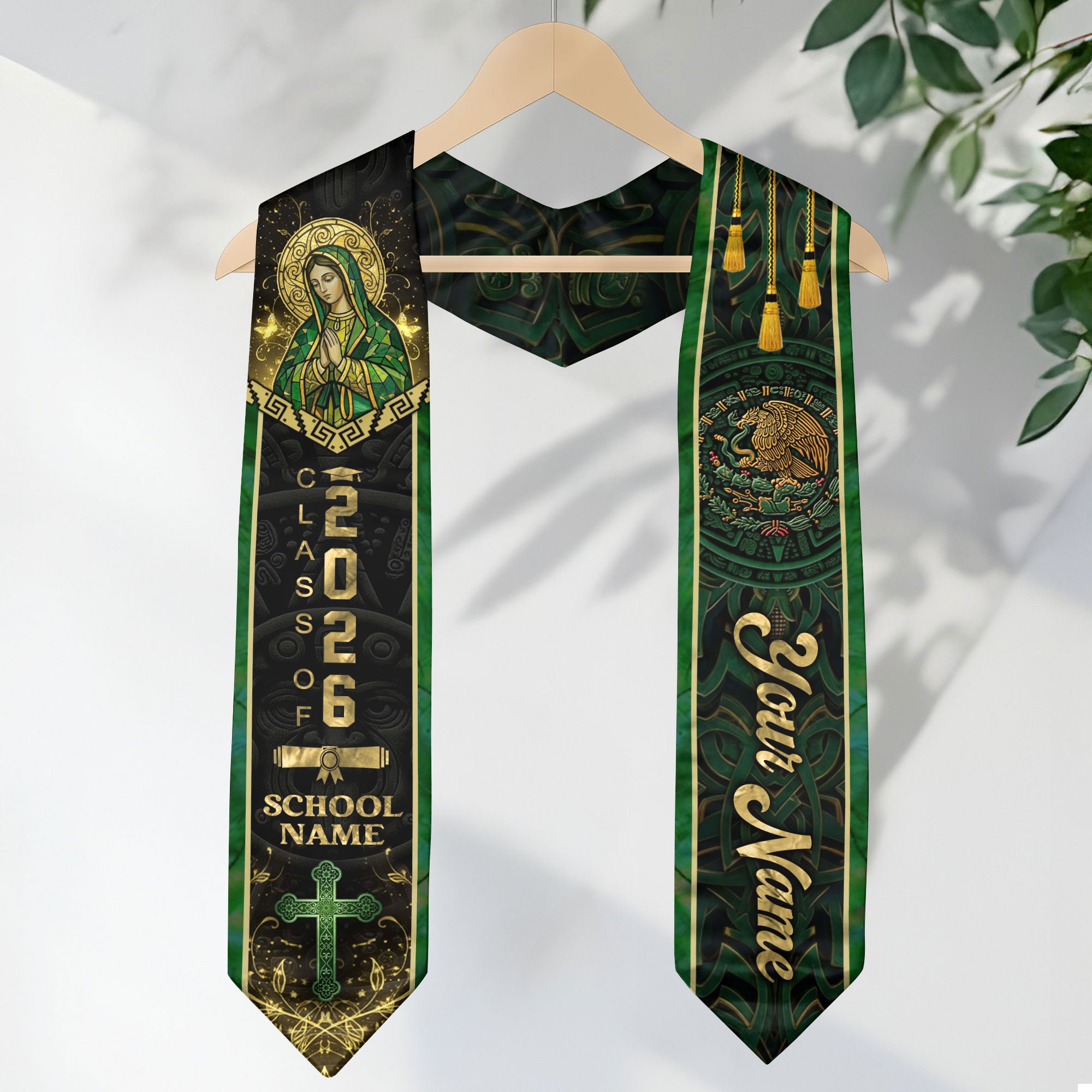 Mexican Heritage Graduation Stole 2026 - Custom Name Green Gold Virgin Mary Cross Sash