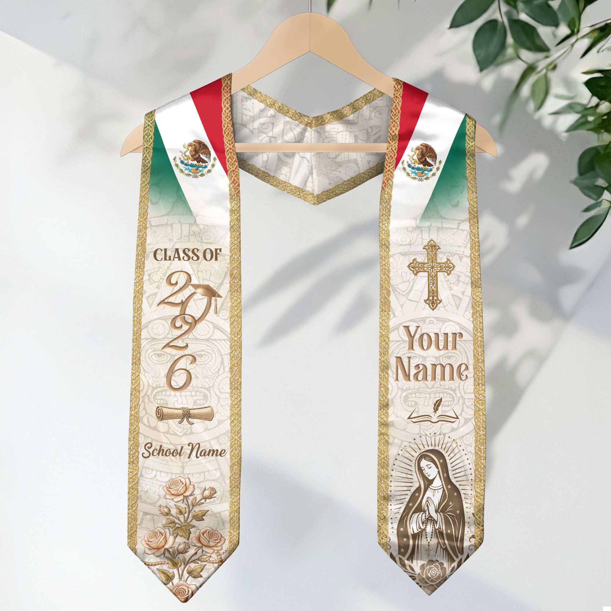 Mexico Graduation Stole Class of 2026 - Custom Name School Rose Virgin Mary