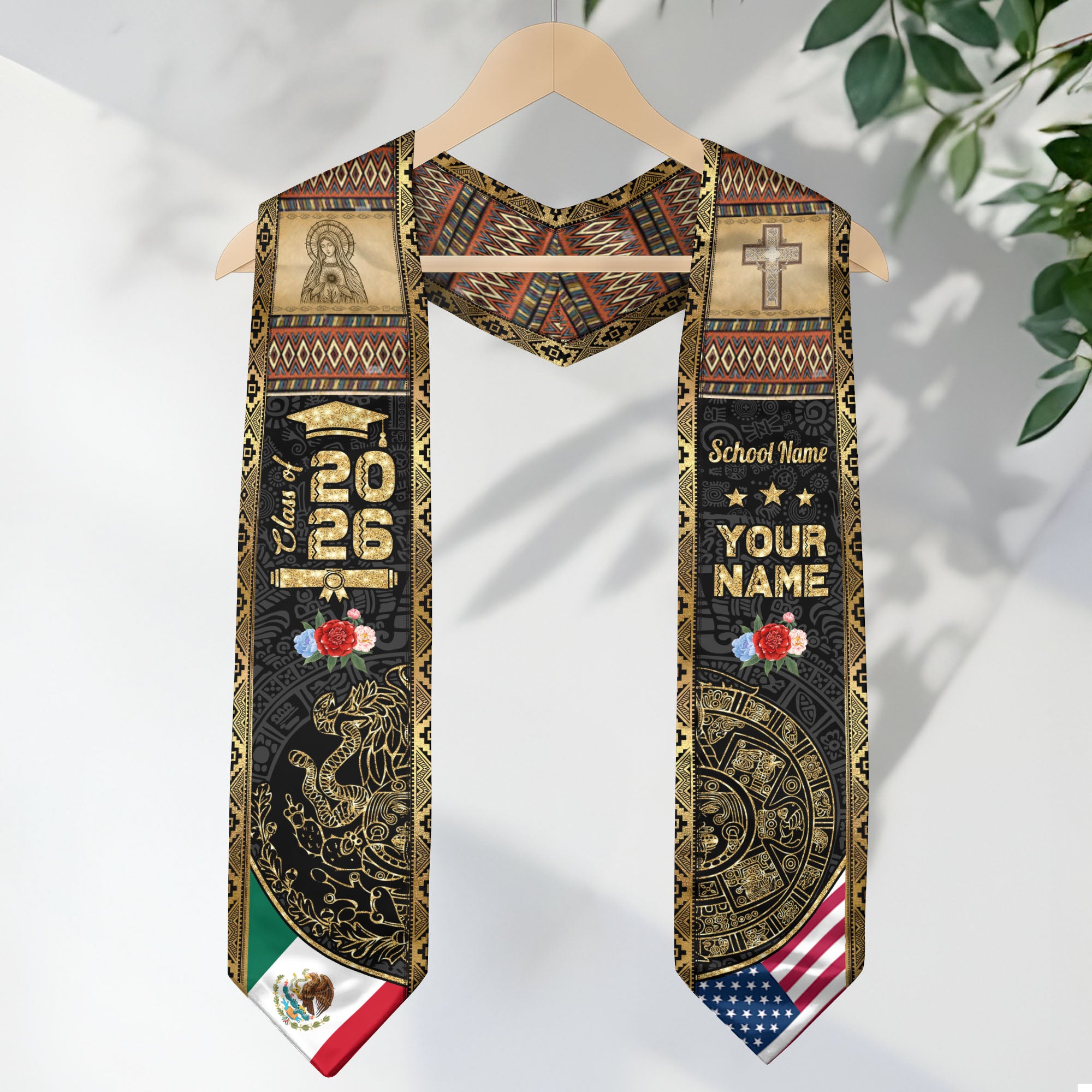 Mexico Graduation Stole 2026 Aztec Calendar Virgin Mary Personalized Sash Gift
