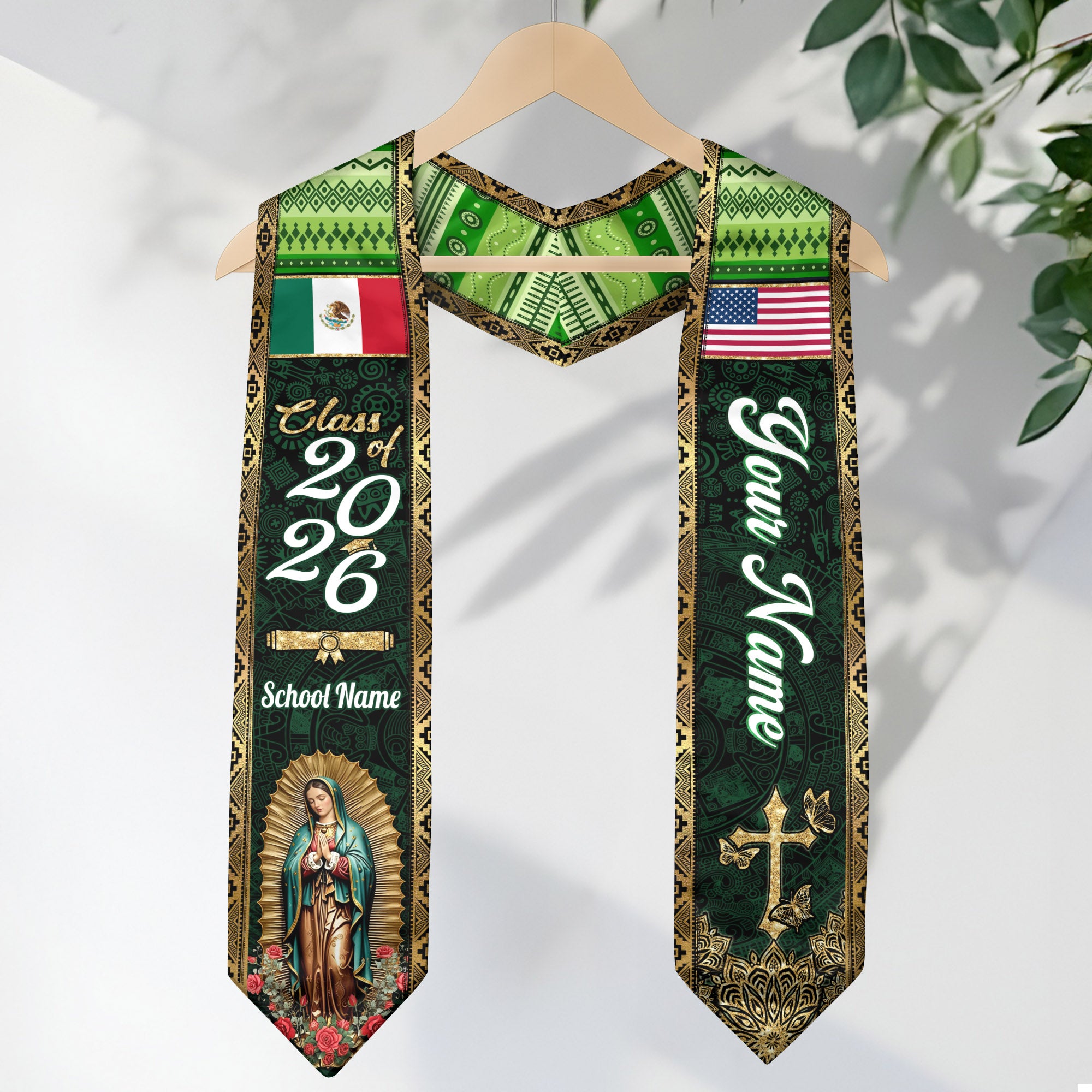 Mexico Graduation Stole 2026 Emerald Green Virgin Mary Personalized Mexican Sash