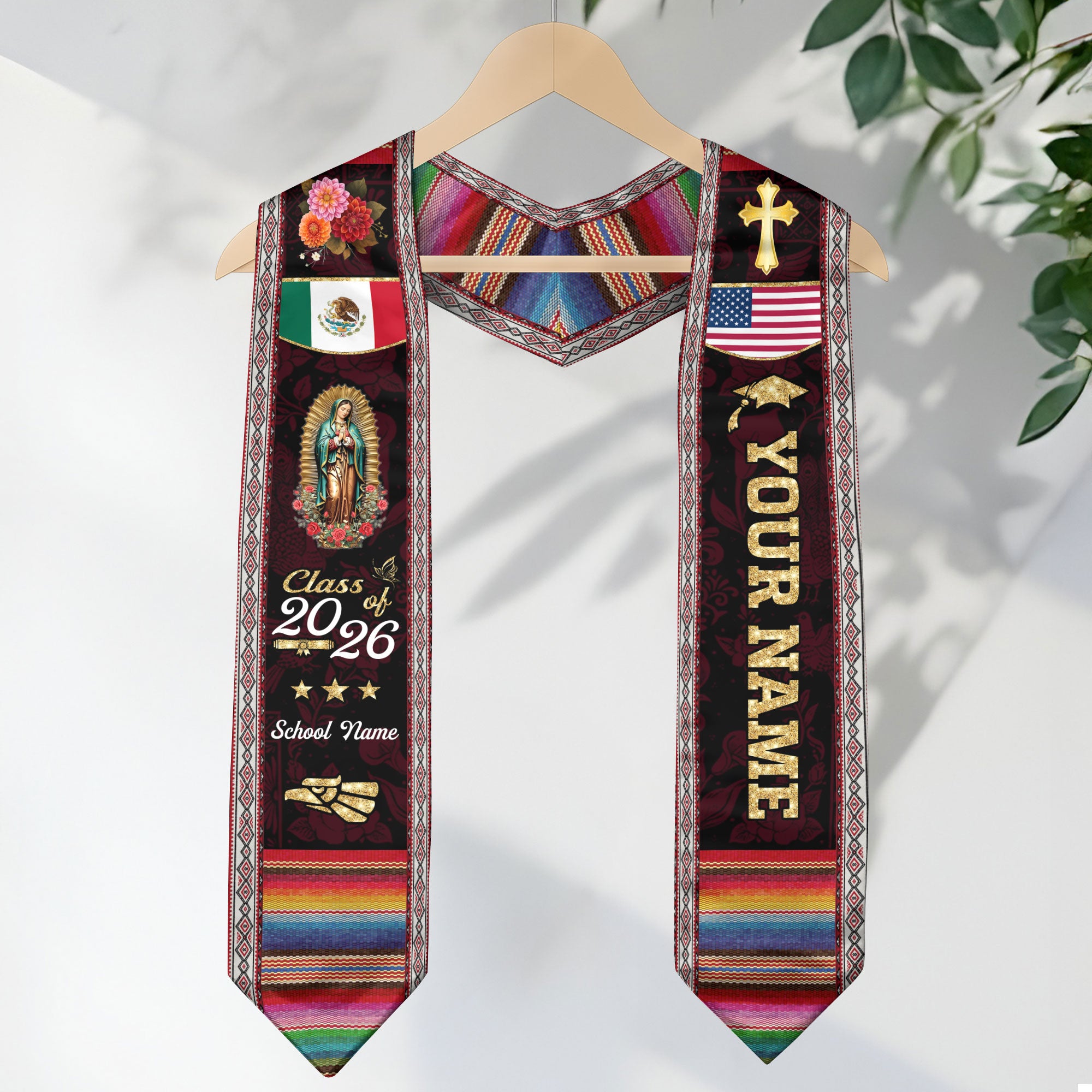 Mexico USA Flag Graduation Stole 2026 Custom Burgundy Guadalupe Mexican Sash