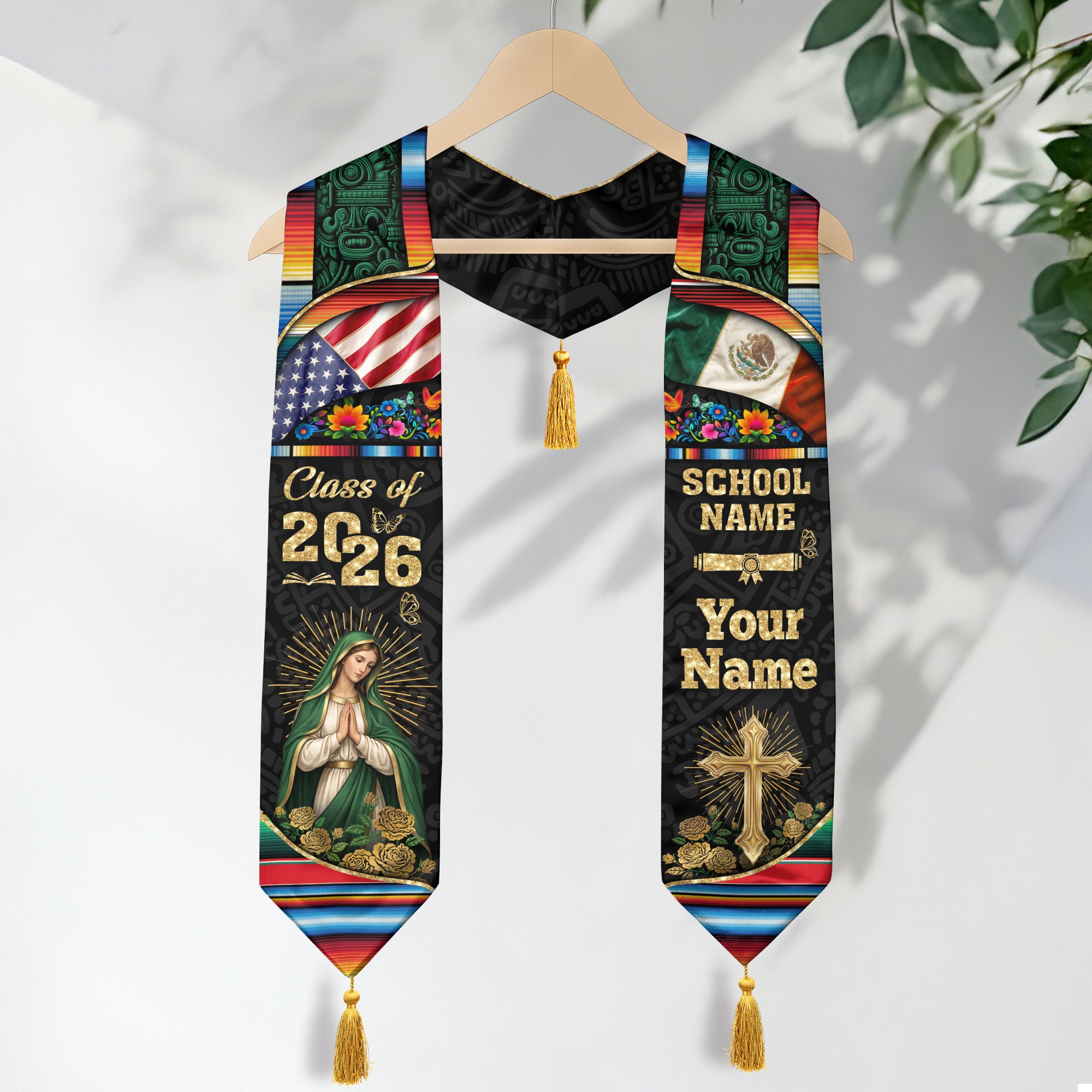 Custom Mexican American Graduation Stole Class of 2026 Our Lady of Guadalupe Mexico Tassel Sash