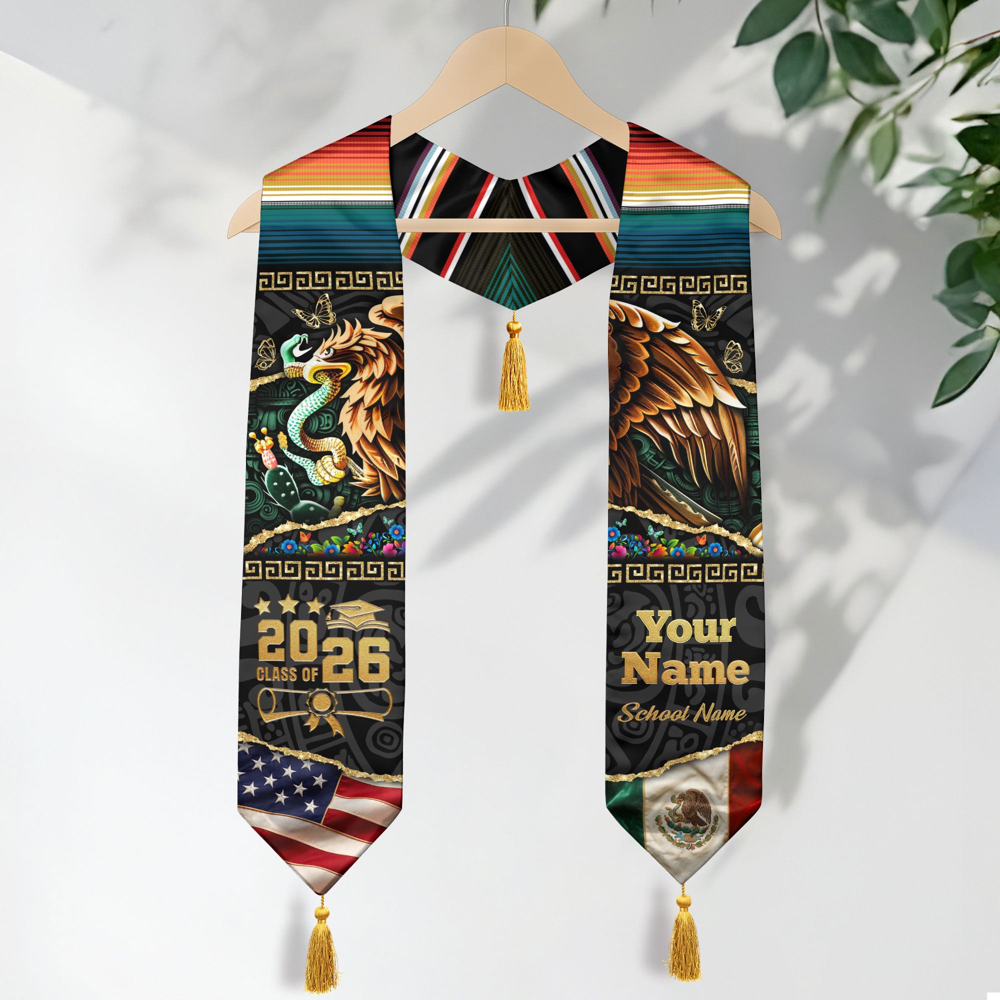 Custom Aztec Eagle Mexico Graduation Stole Tassel Class of 2026 Mexican American Sash