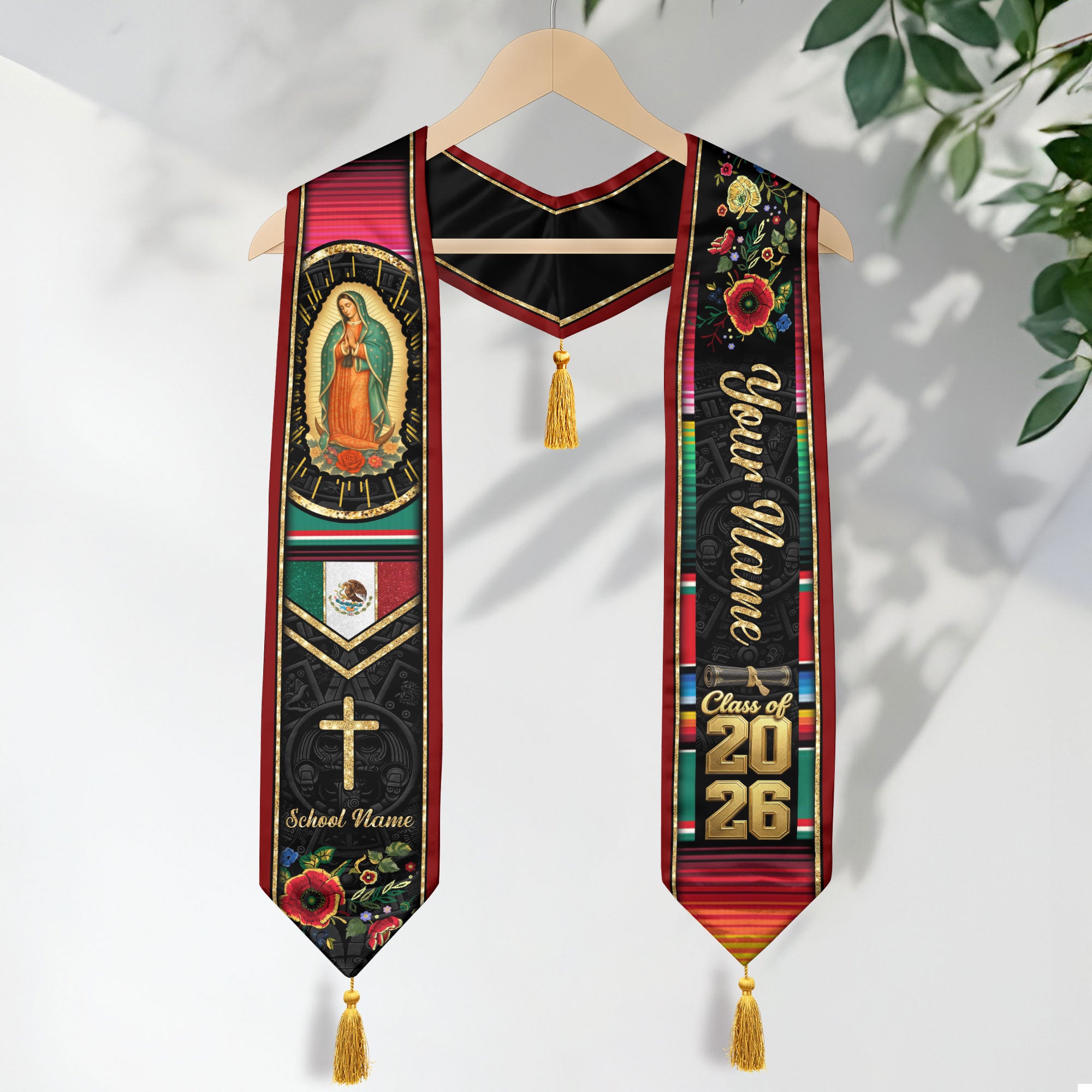 Custom Our Lady of Guadalupe Graduation Stole Tassel Class of 2026 Mexico Burgundy Sash