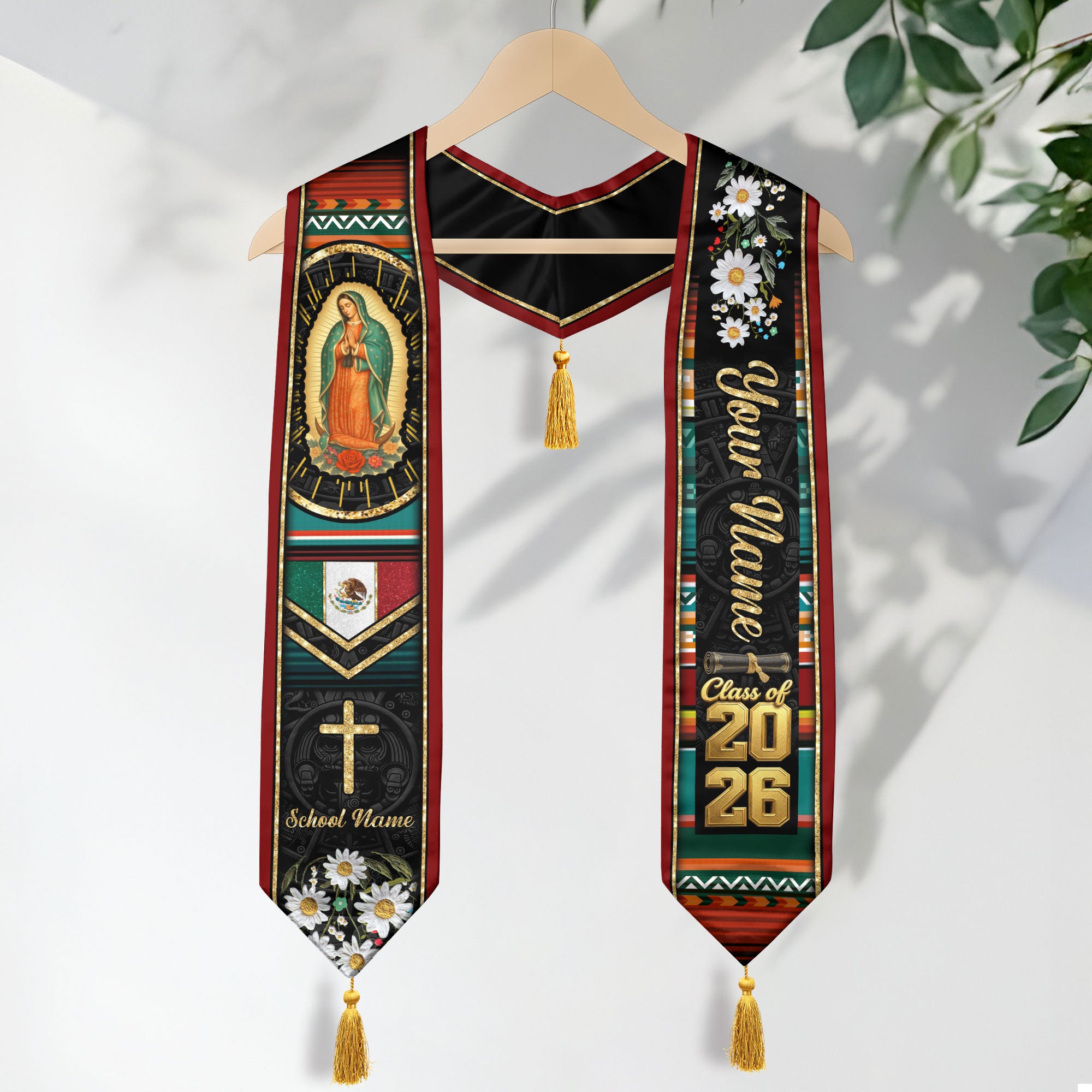 Custom White Floral Mexico Graduation Stole Tassel Class of 2026 Virgin Mary Sash Gift