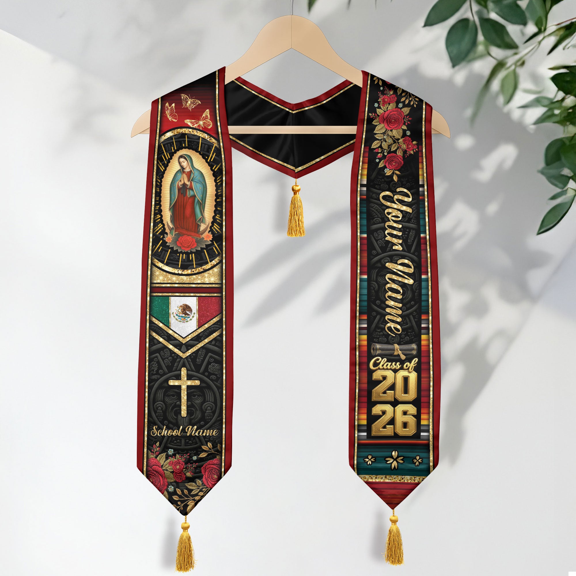Custom Red Rose Mexico Graduation Stole Tassel Class of 2026 Butterfly Virgin Mary Sash
