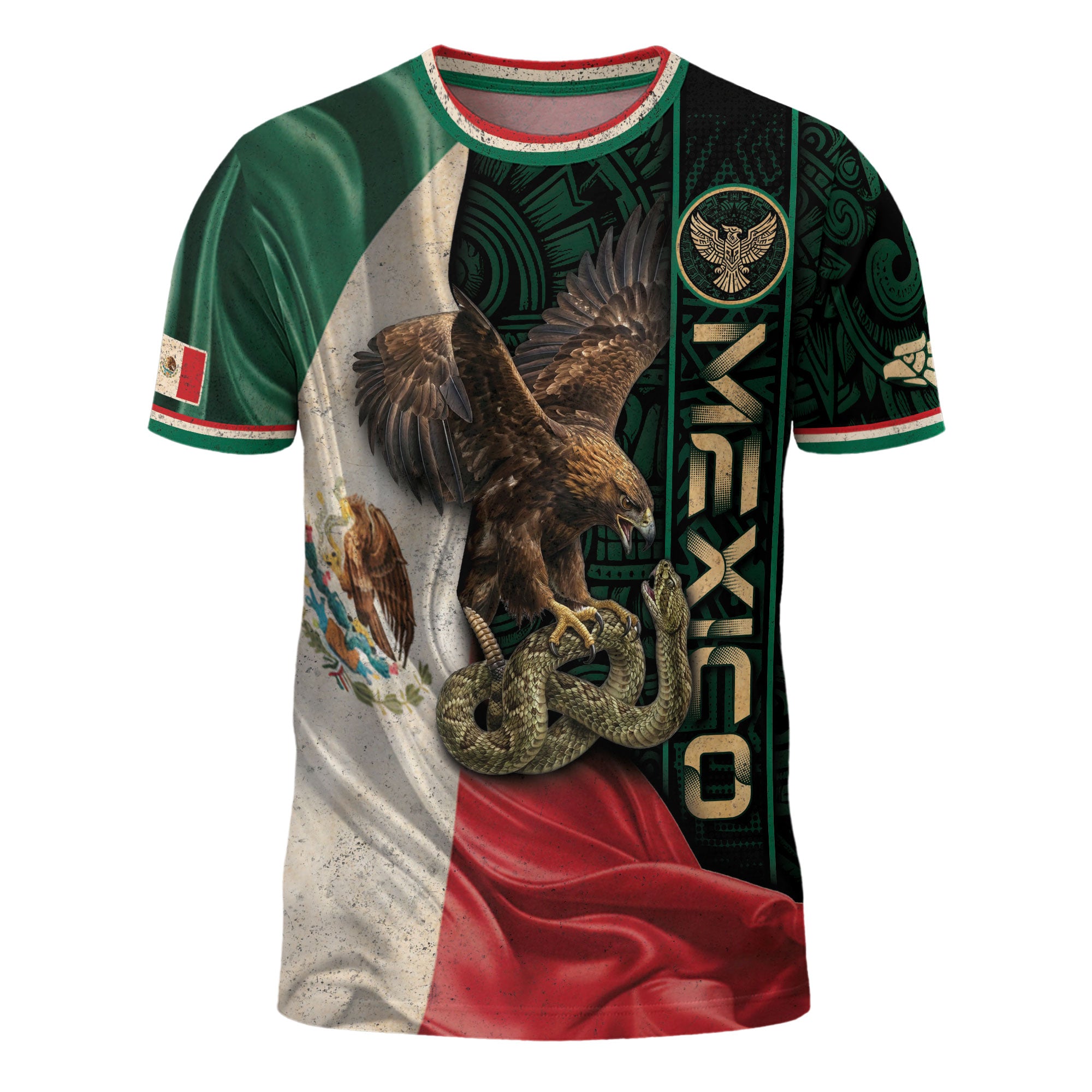 Camiseta de identidad con la bandera de México, águila, serpiente, herencia azteca, orgullo nacional