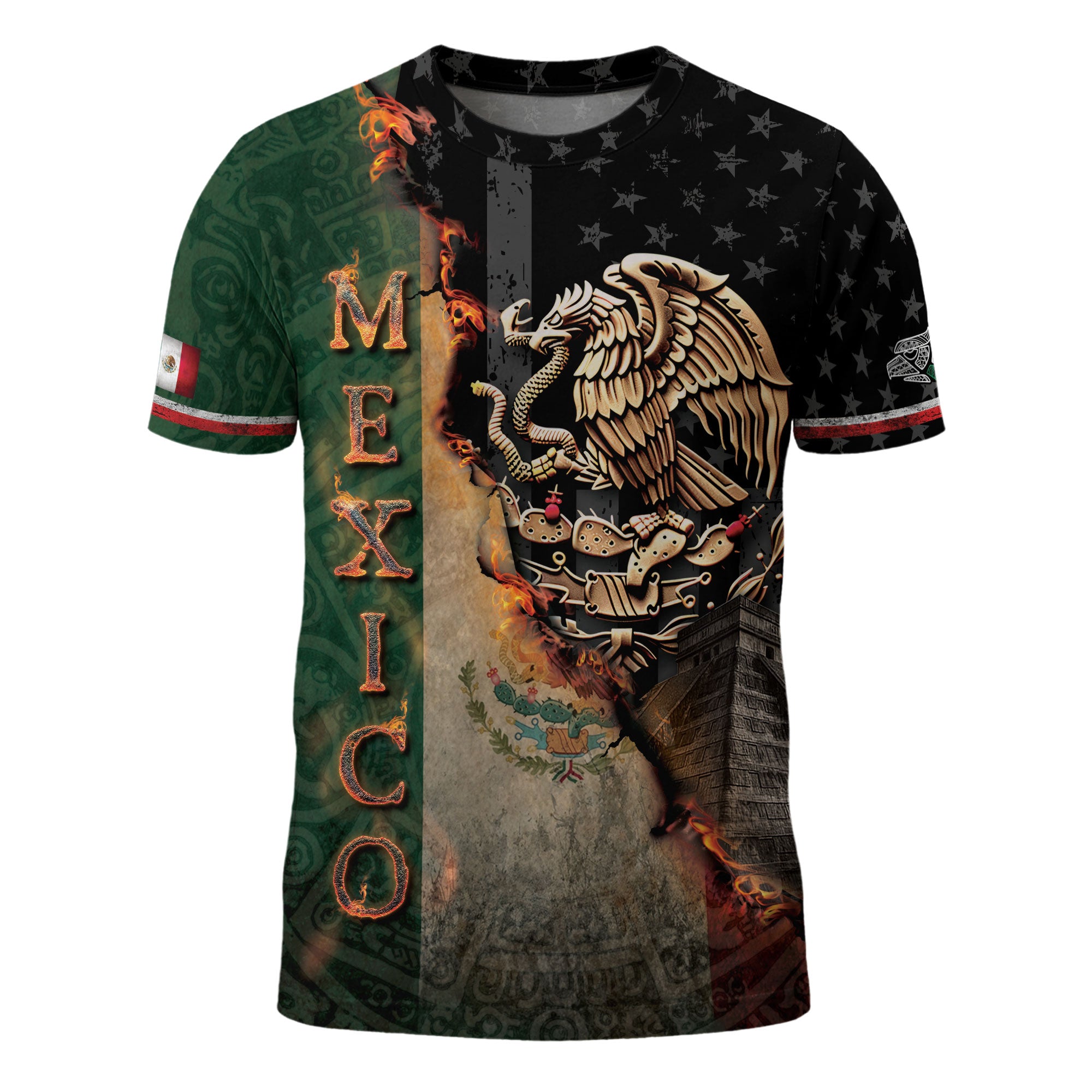 Mexico Flag Golden Eagle Fire Aztec Pyramid Heritage Power Pride Shirt