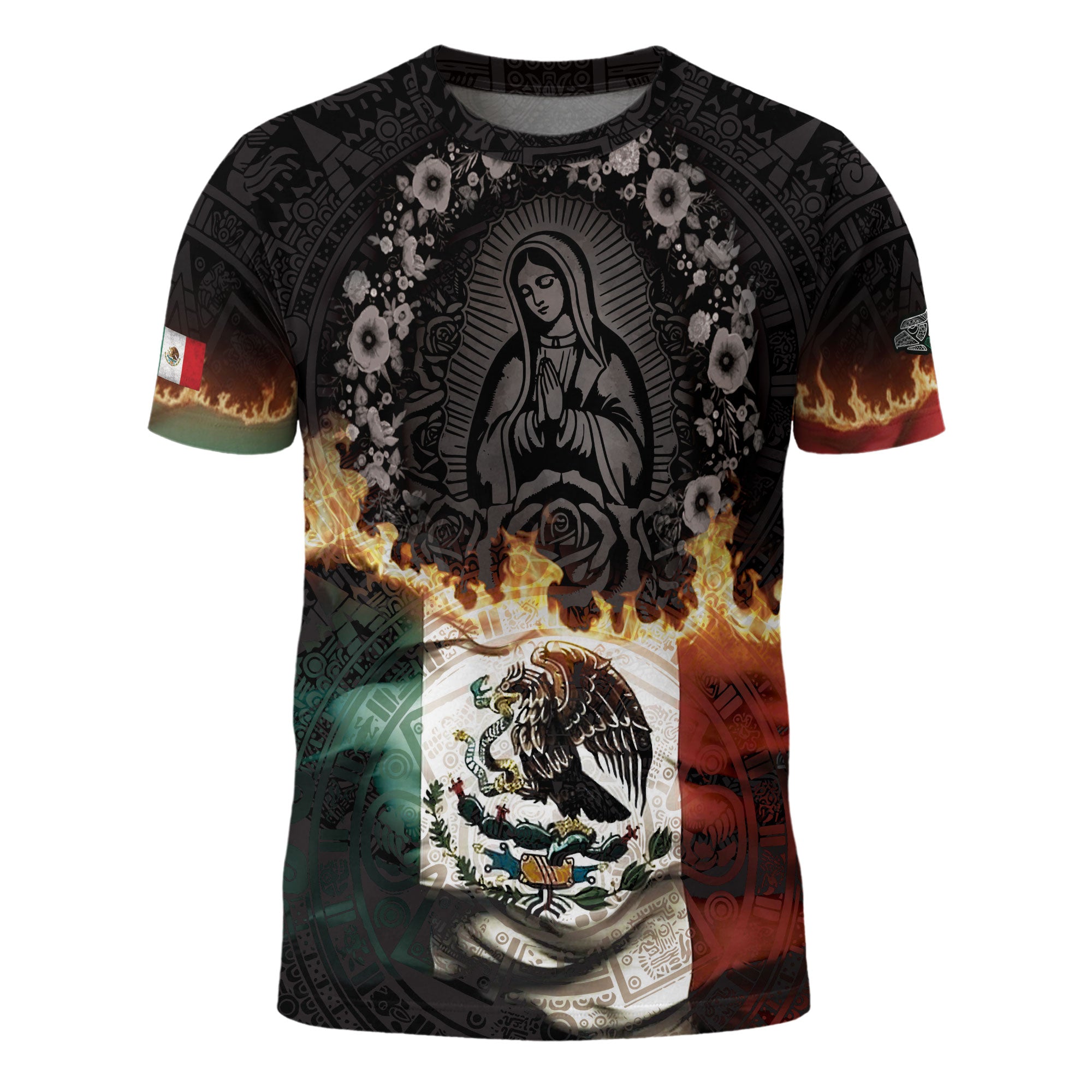 Virgin of Guadalupe Flame Mexico Flag Aztec Heritage Shirt