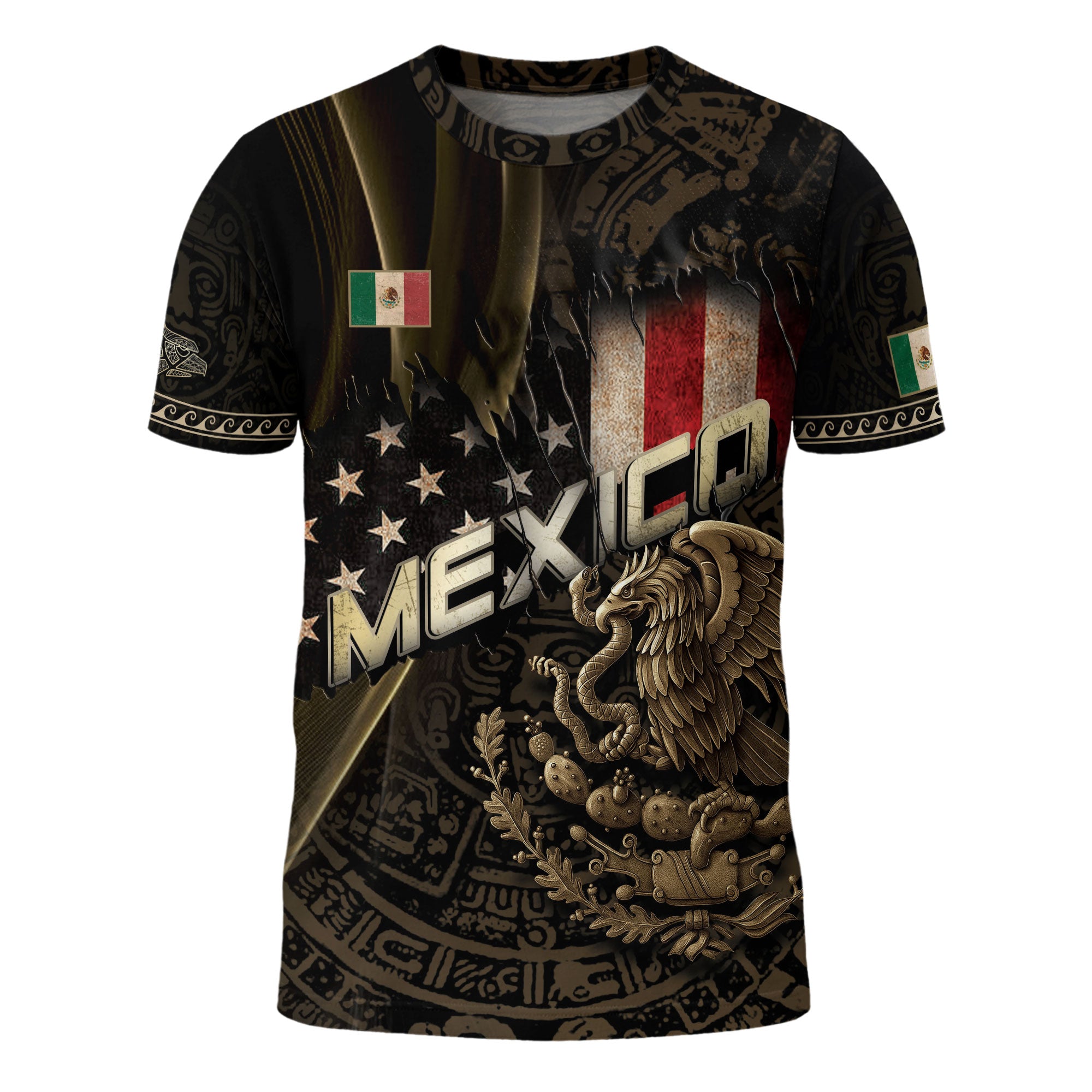 Mexico USA Flag Golden Eagle Aztec Pattern Heritage Unity Pride Power Shirt