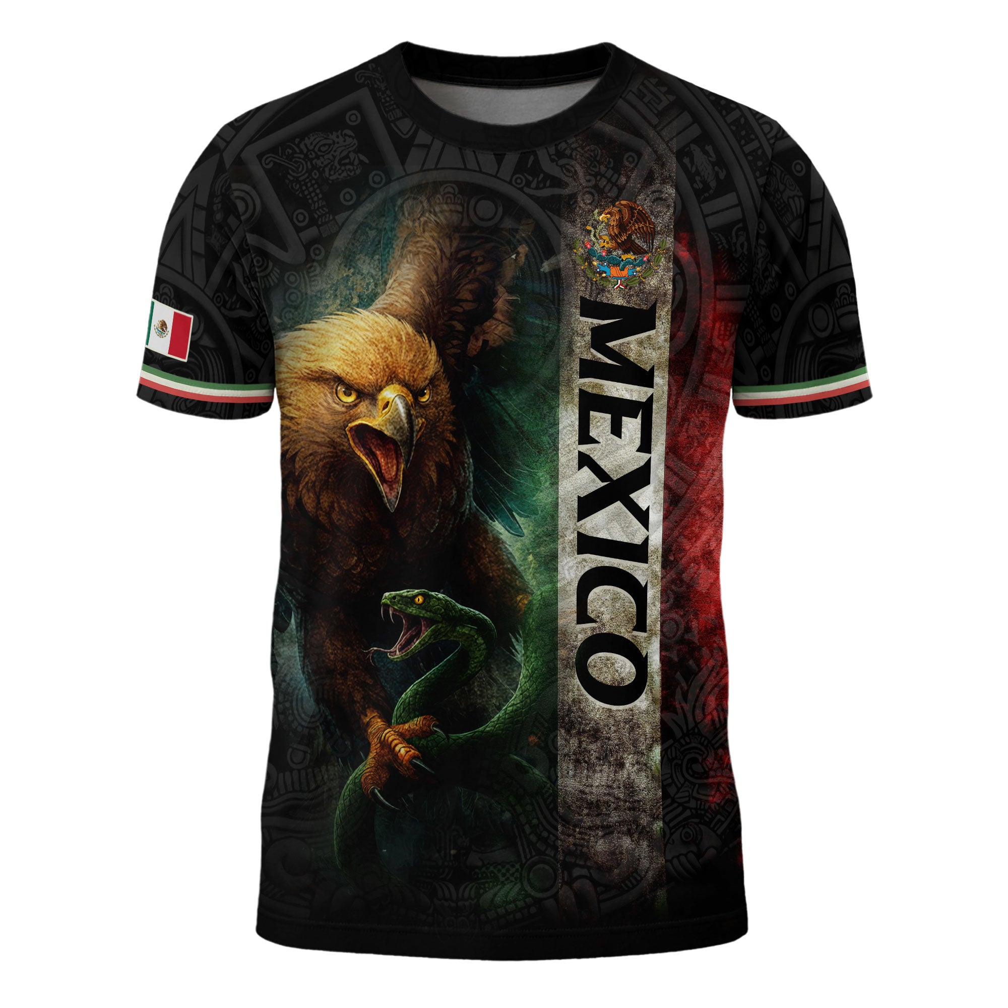 Camisa con bandera de México, águila vibrante, serpiente y rayas verticales, estilo Heritage Pride