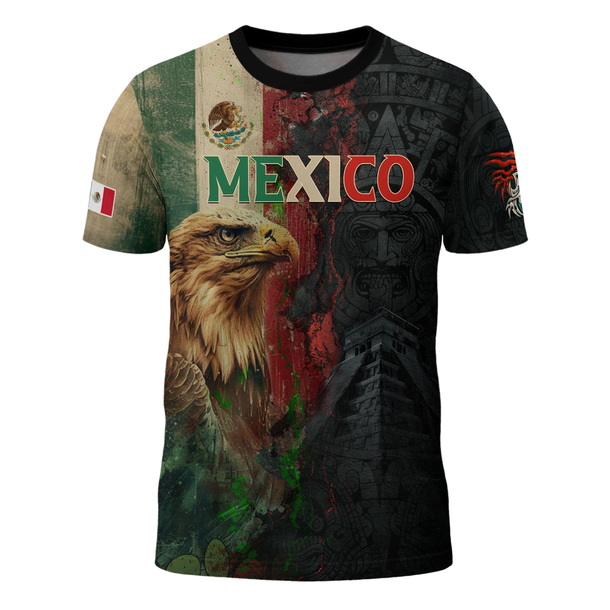 Camisa para hombre con bandera de México, cabeza de águila, guerrero azteca, arte oscuro, legado, orgullo