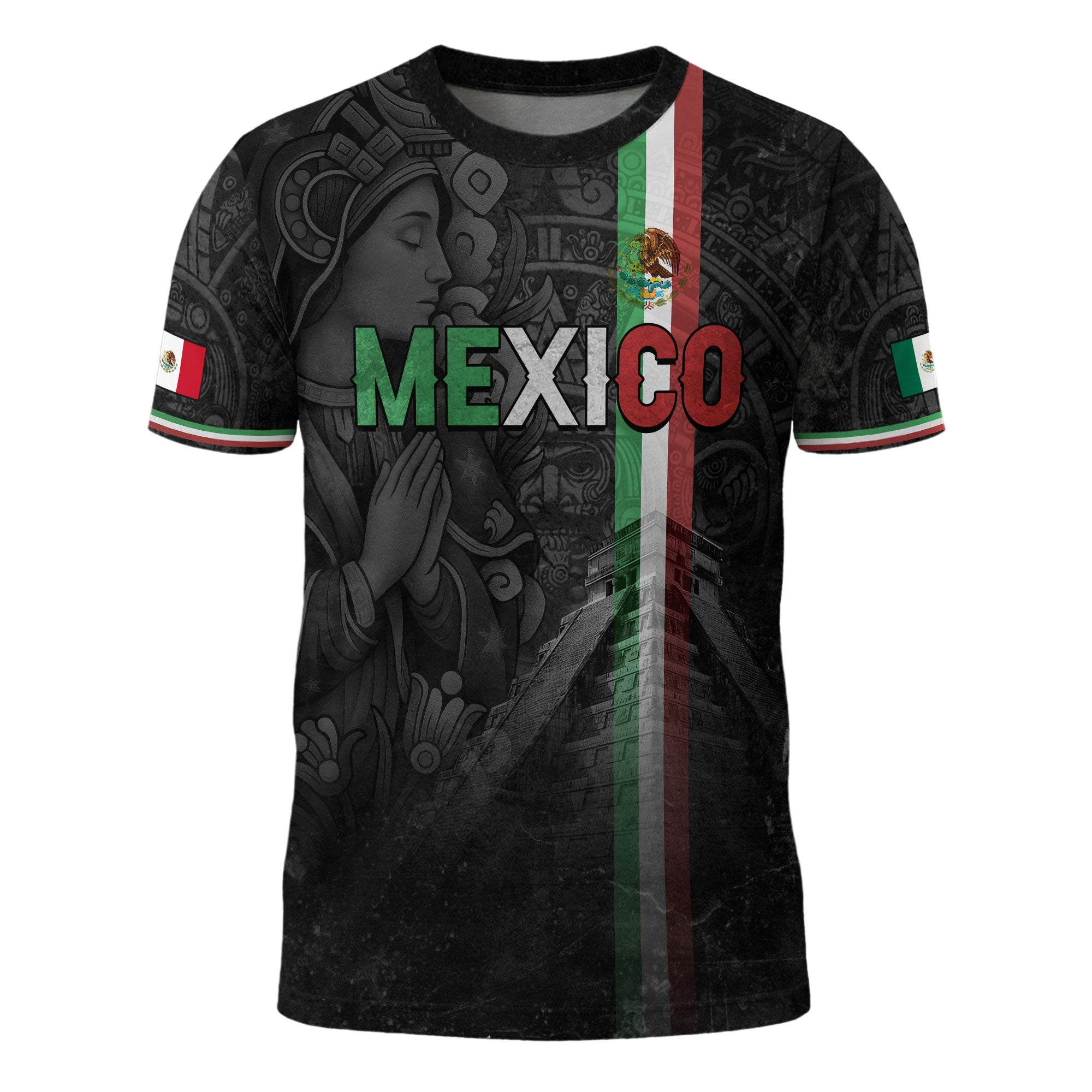 Camiseta de calle con la bandera de México, manos en oración, Guadalupe, legado azteca, orgullo