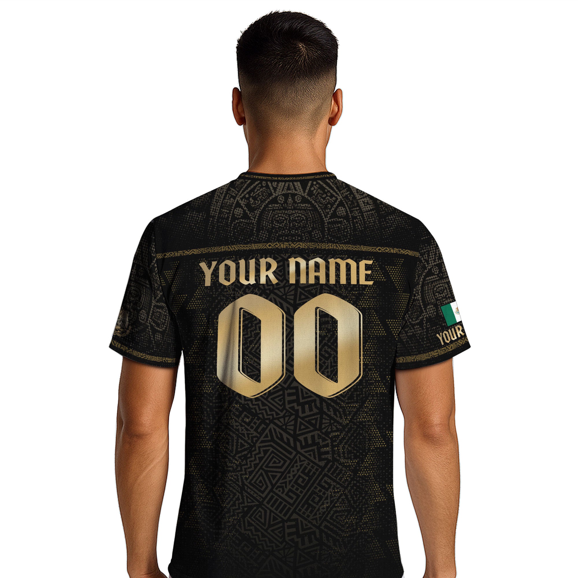 Custom Mexico Soccer Jersey Black Gold Aztec Eagle Serpent Design
