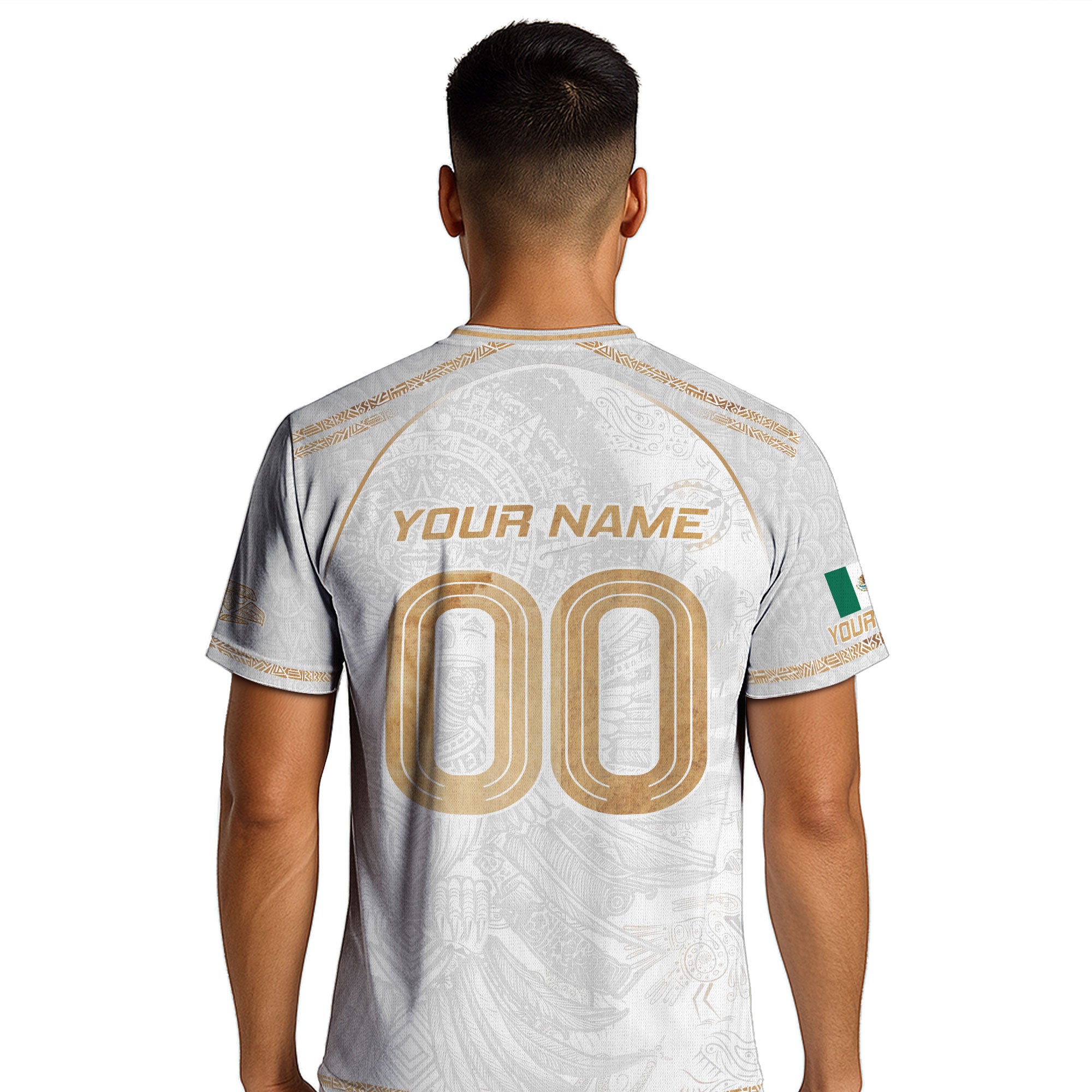 Custom Mexico Soccer Jersey White Gold Heritage Aztec Eagle Design