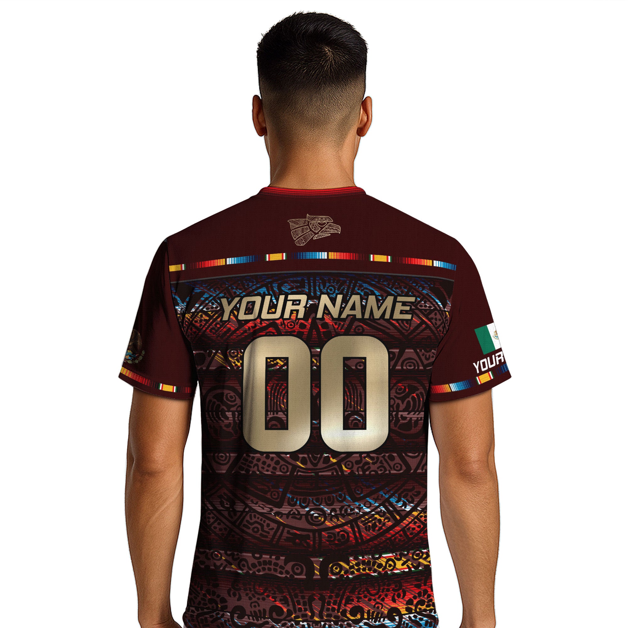 Custom Mexico Soccer Jersey Burgundy Gold Heritage Aztec Calendar Design