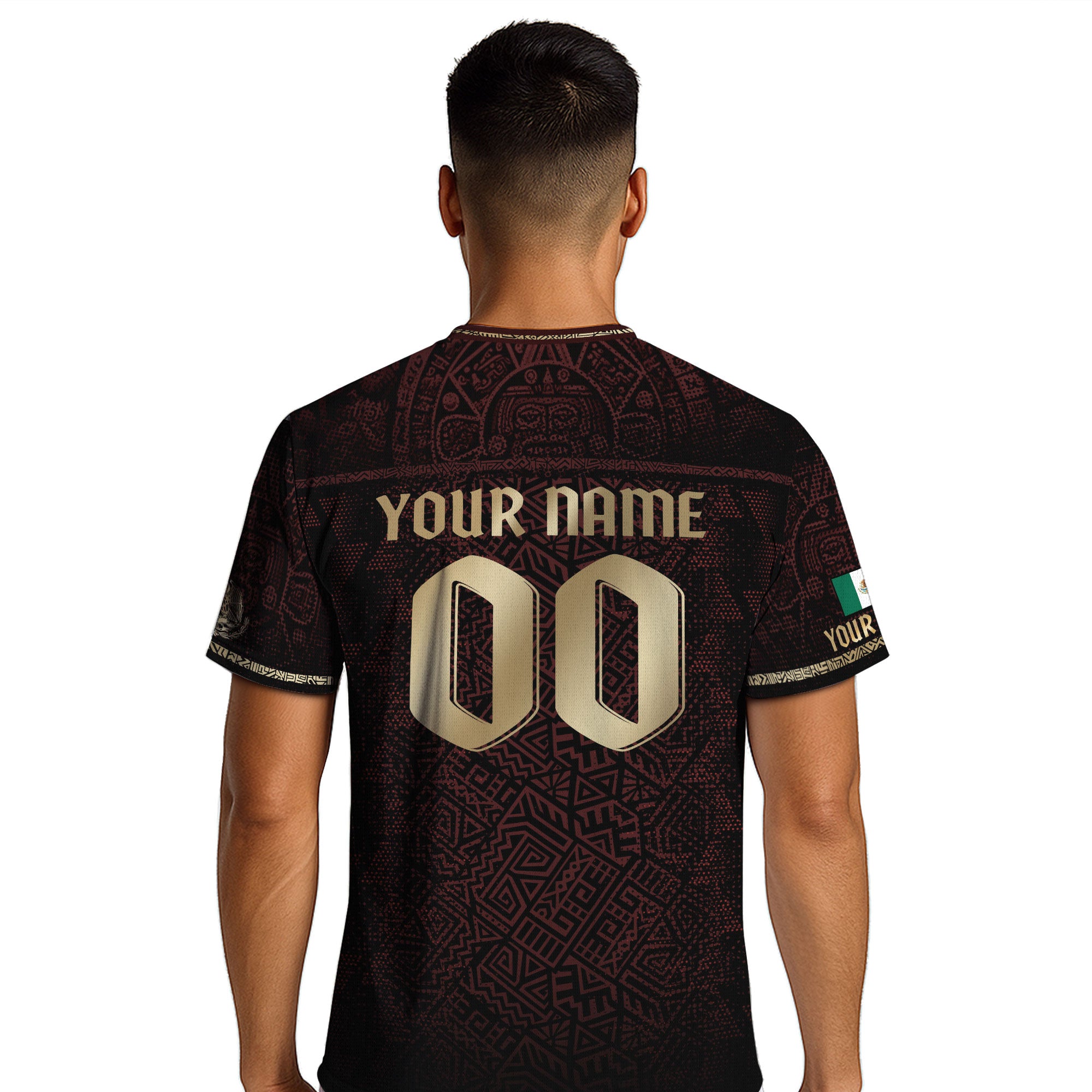 Custom Mexico Soccer Jersey Burgundy Gold Aztec Eagle Serpent Design