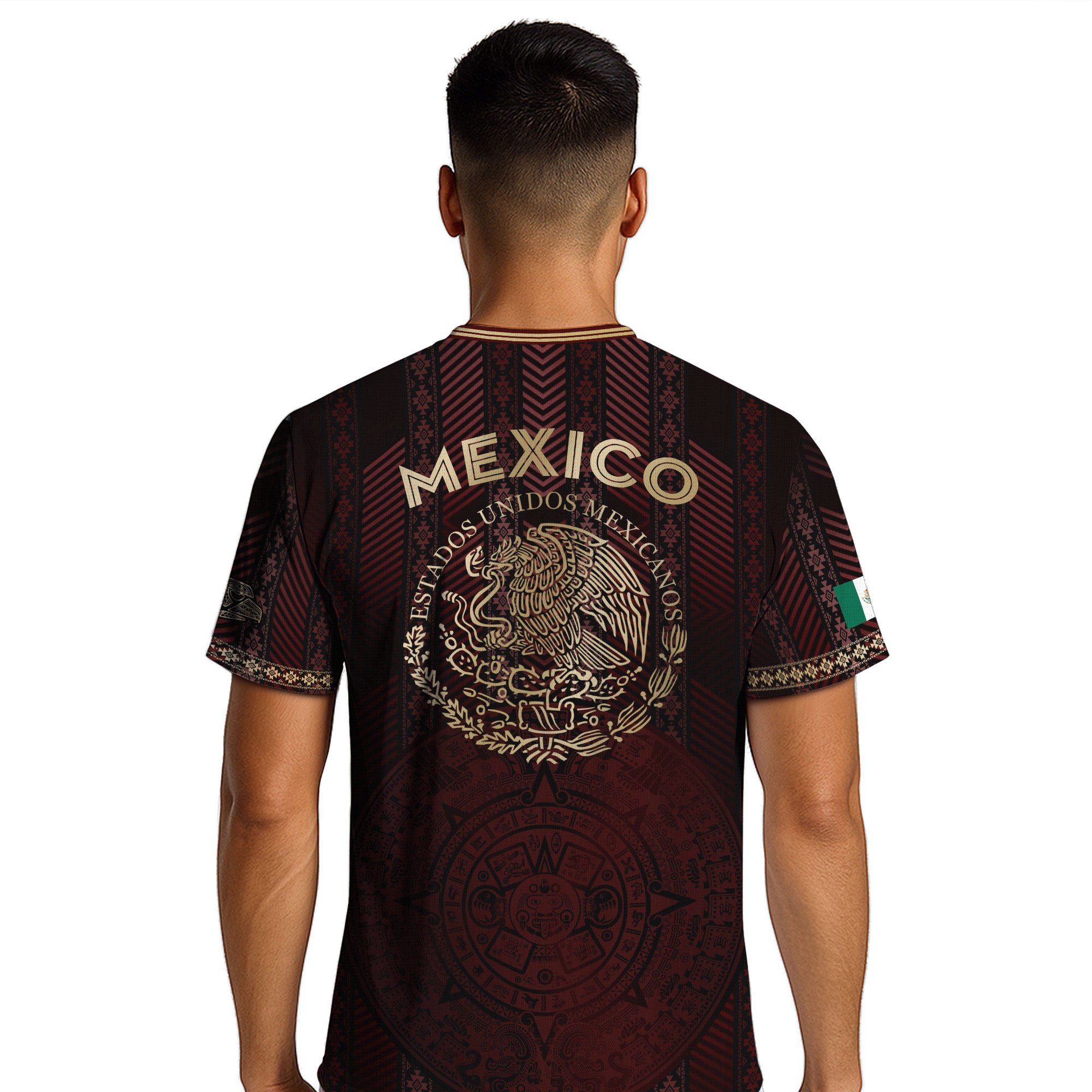 Mexico Burgundy Soccer Jersey with Golden Aztec Calendar and Eagle Crest