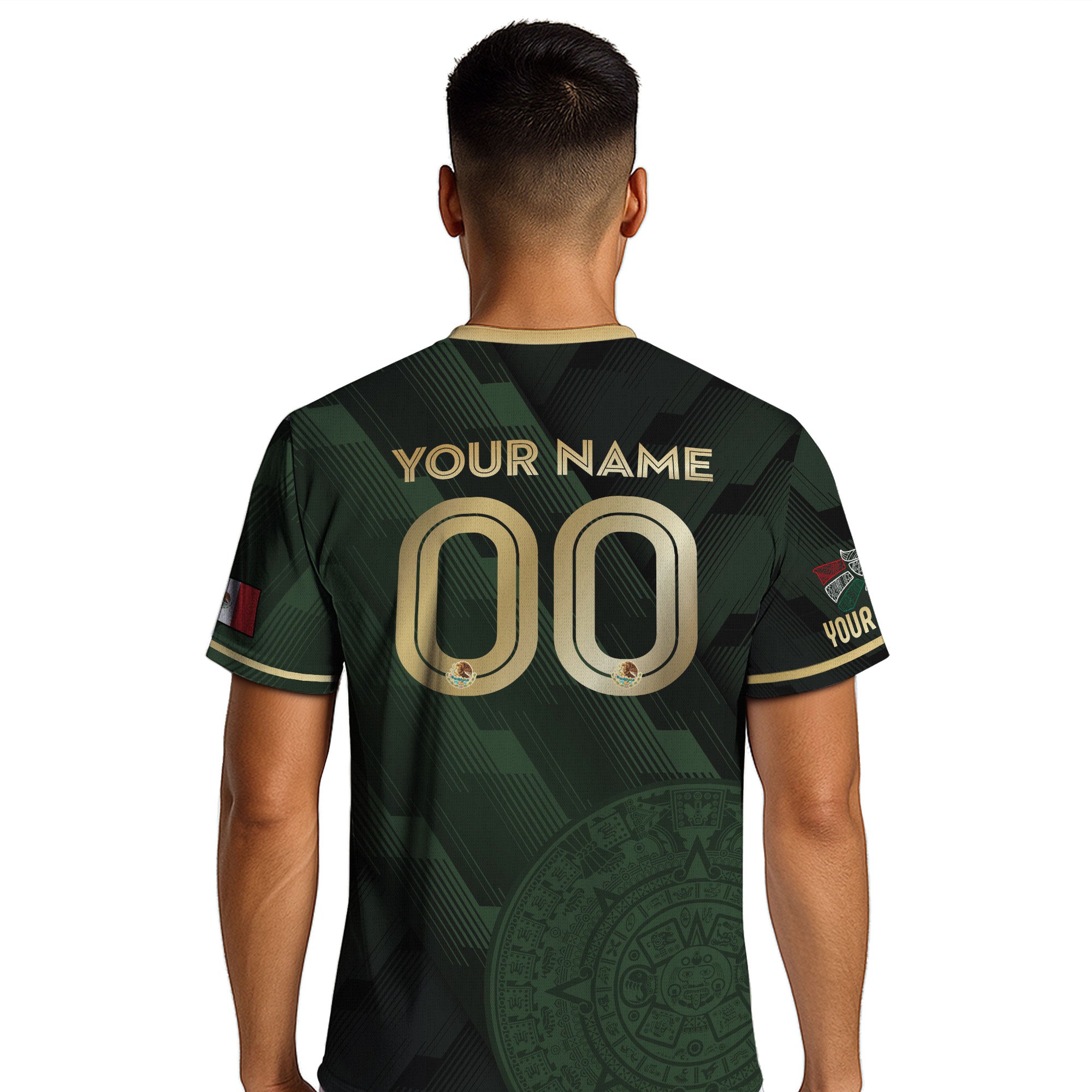 Custom Mexico Green Soccer Jersey with Golden Aztec Calendar Design