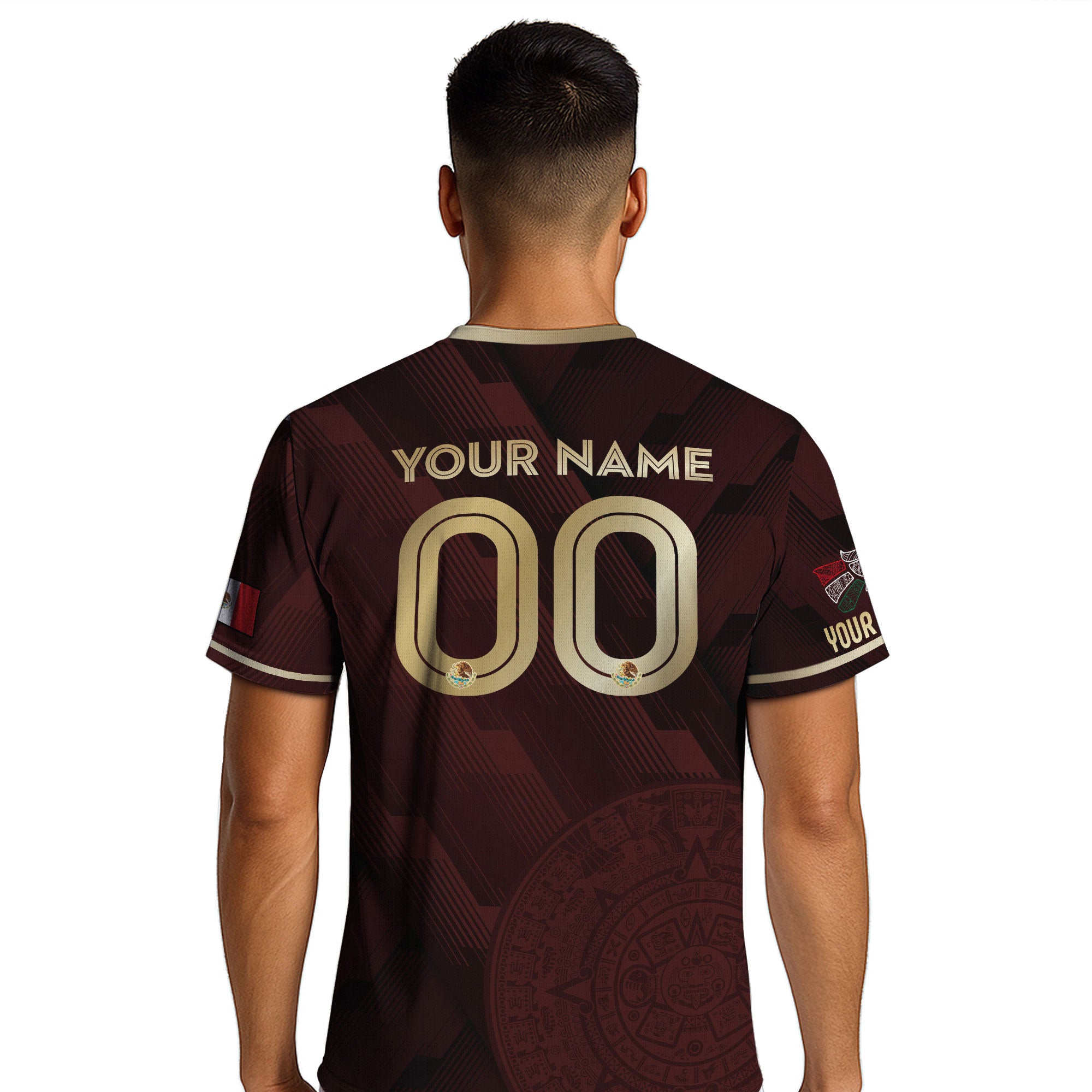 Custom Mexico Maroon Soccer Jersey with Golden Aztec Calendar Pattern