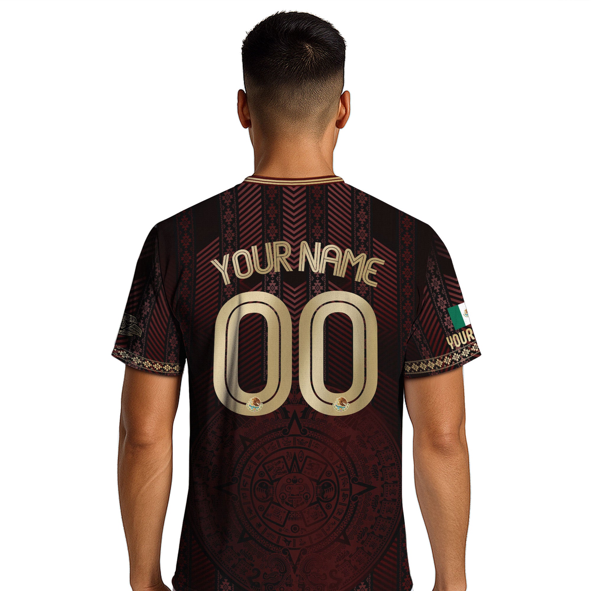 Custom Mexico Burgundy Soccer Jersey with Golden Aztec Calendar Design