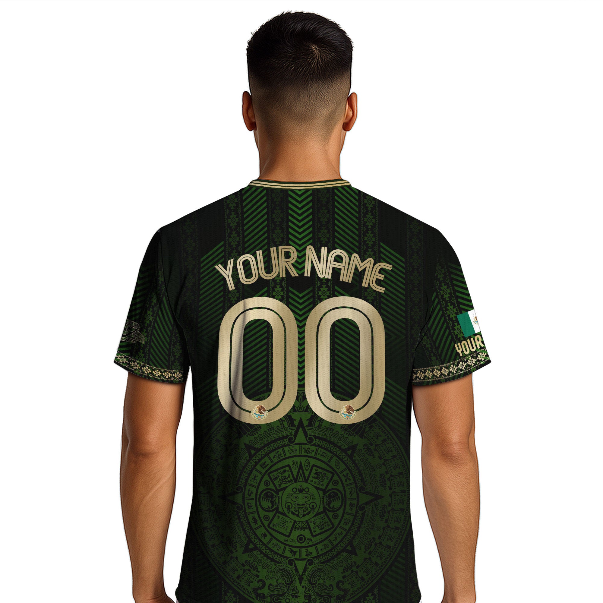 Custom Mexico Green Soccer Jersey with Golden Aztec Calendar Pattern