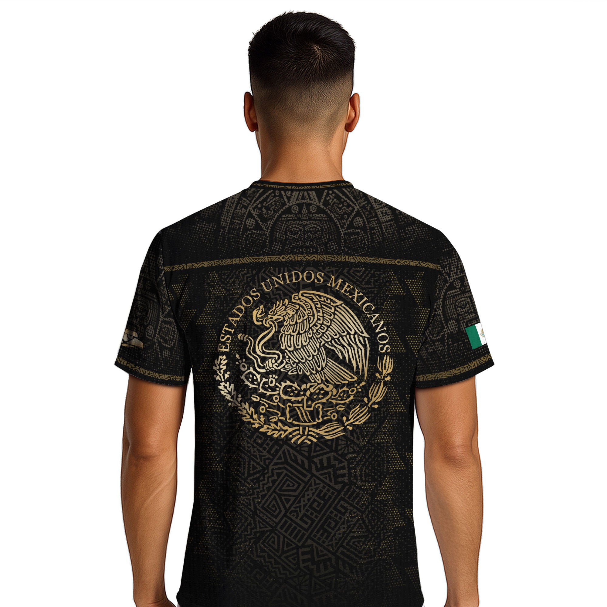 Camiseta de fútbol de México con diseño azteca, águila y serpiente, color negro y dorado.