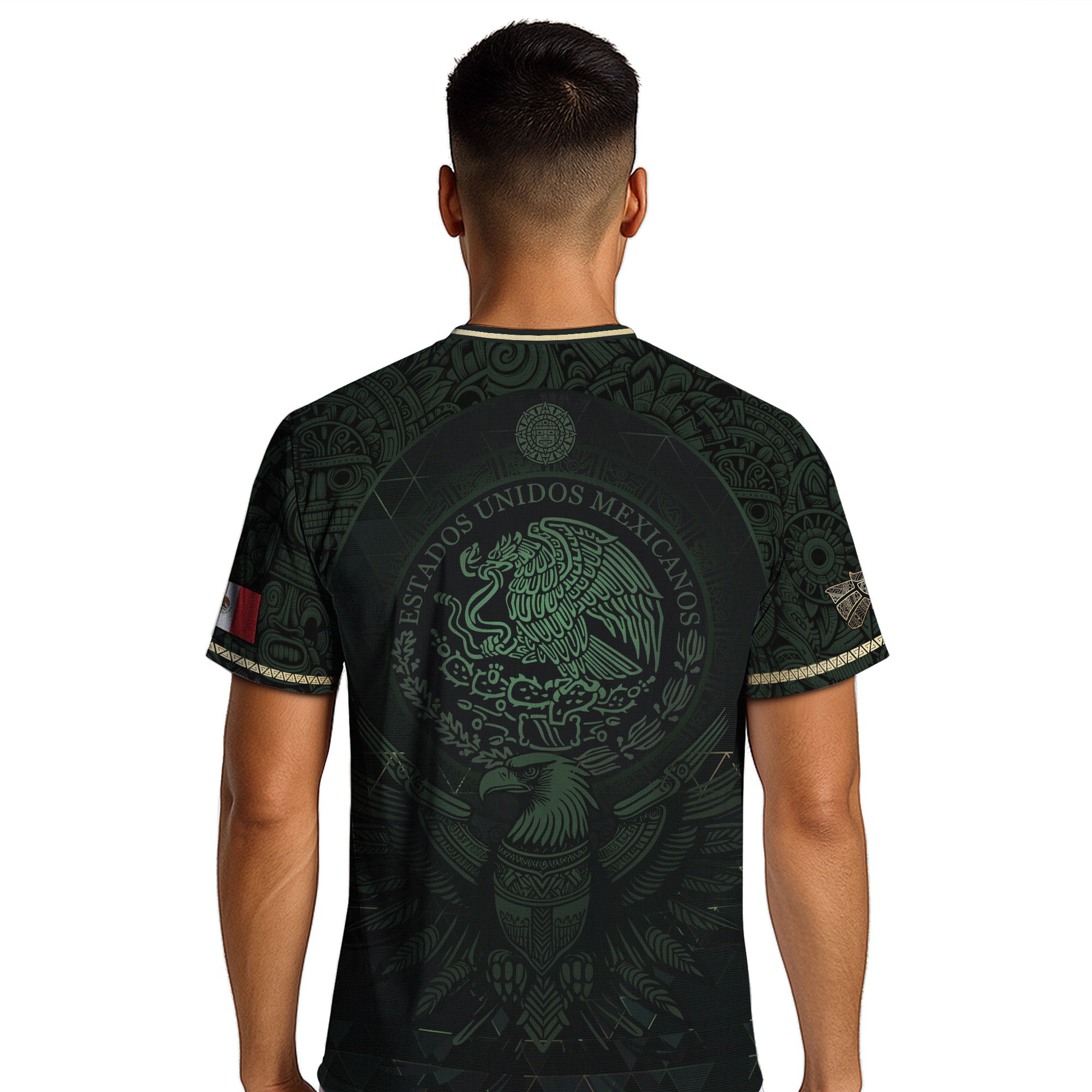 Mexico Soccer Jersey Dark Green Gold Aztec Calendar & Eagle Emblem