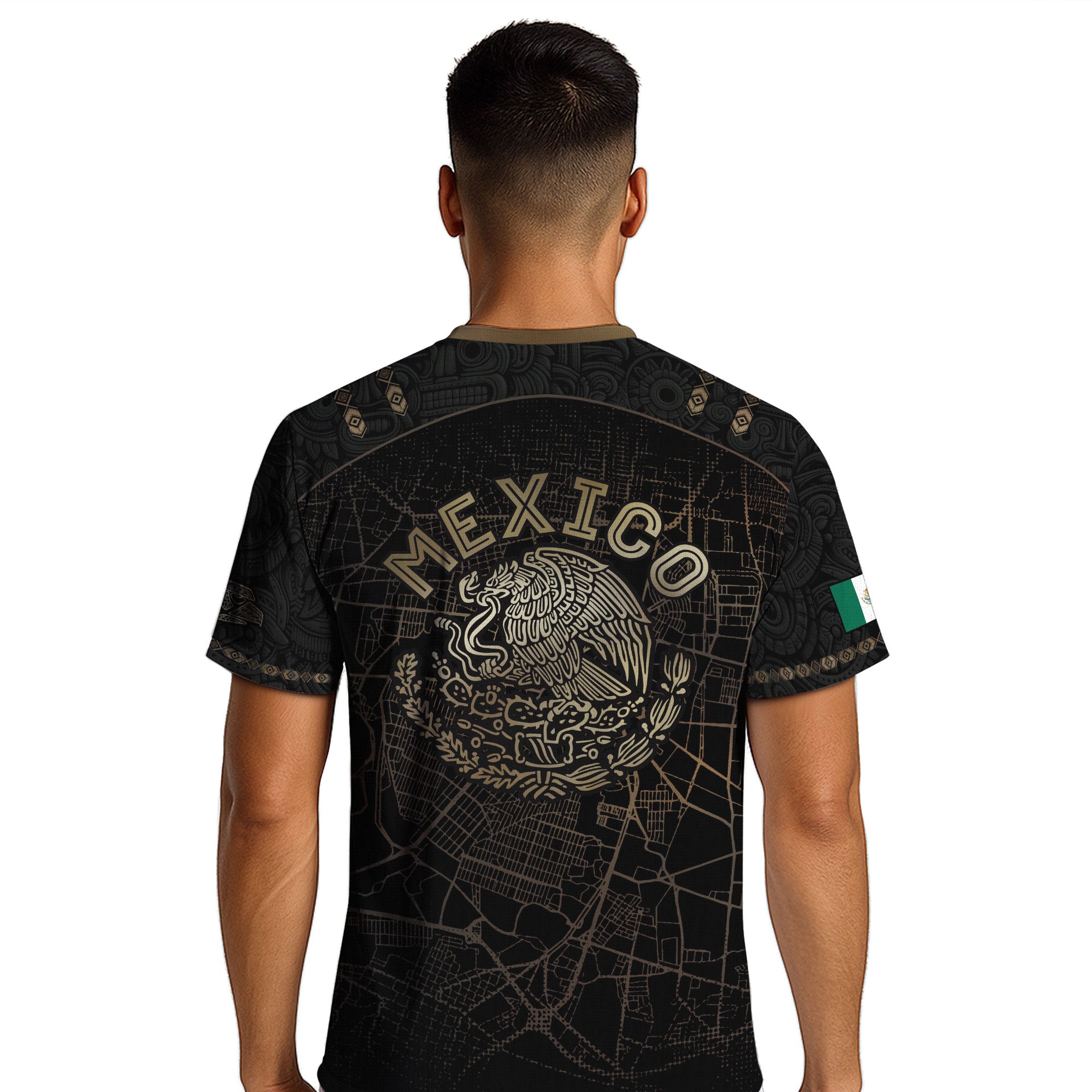 Mexico Soccer Jersey Black Gold City Map & Eagle Emblem