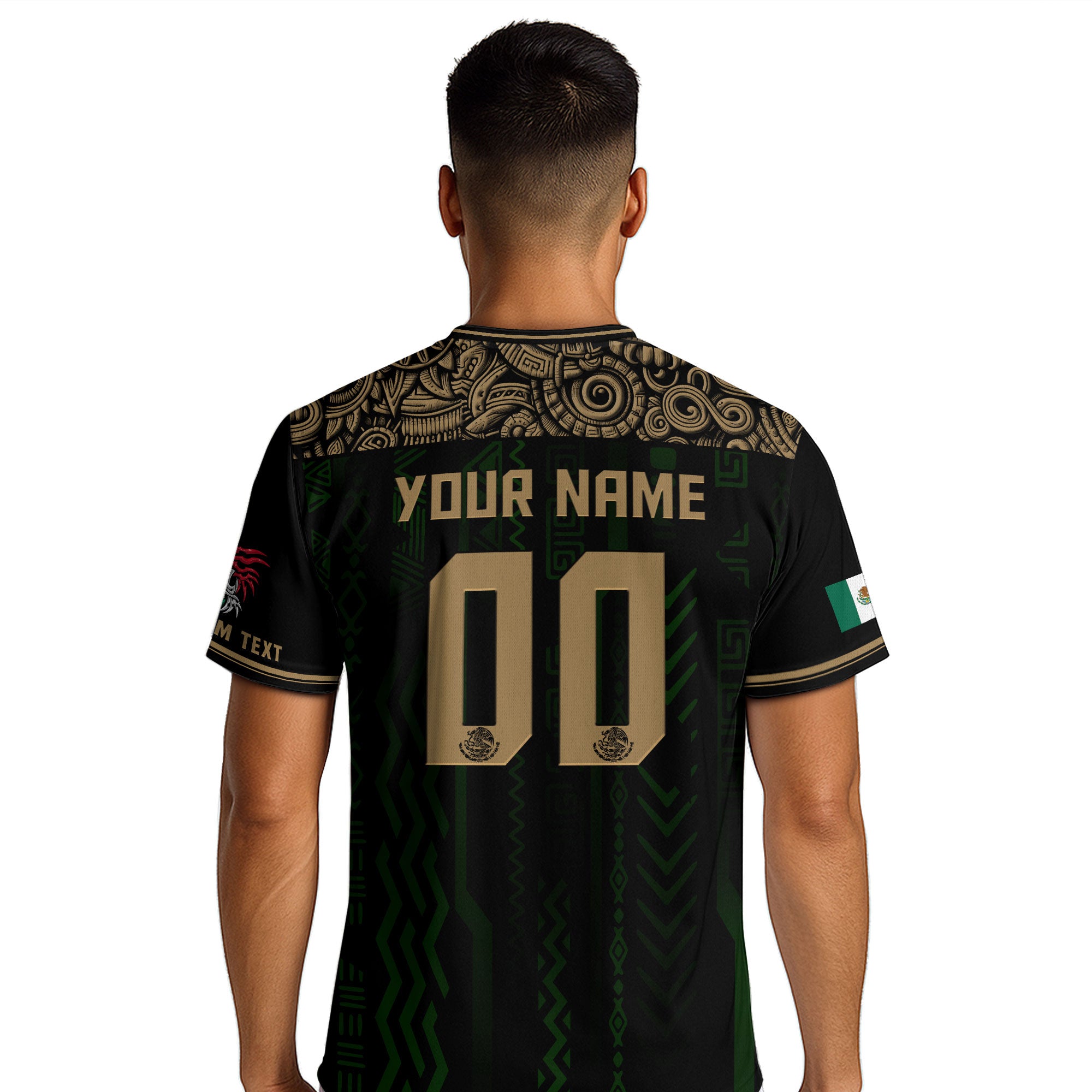 Custom Mexico Soccer Jersey Black Gold Aztec Pattern