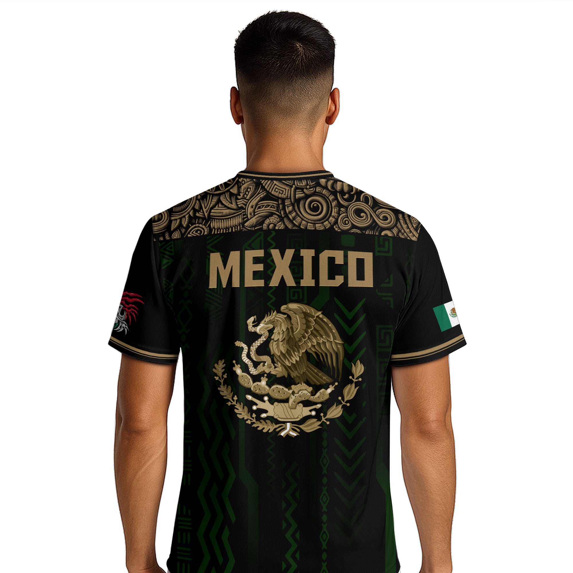 Mexico Soccer Jersey Black & Gold Aztec Design