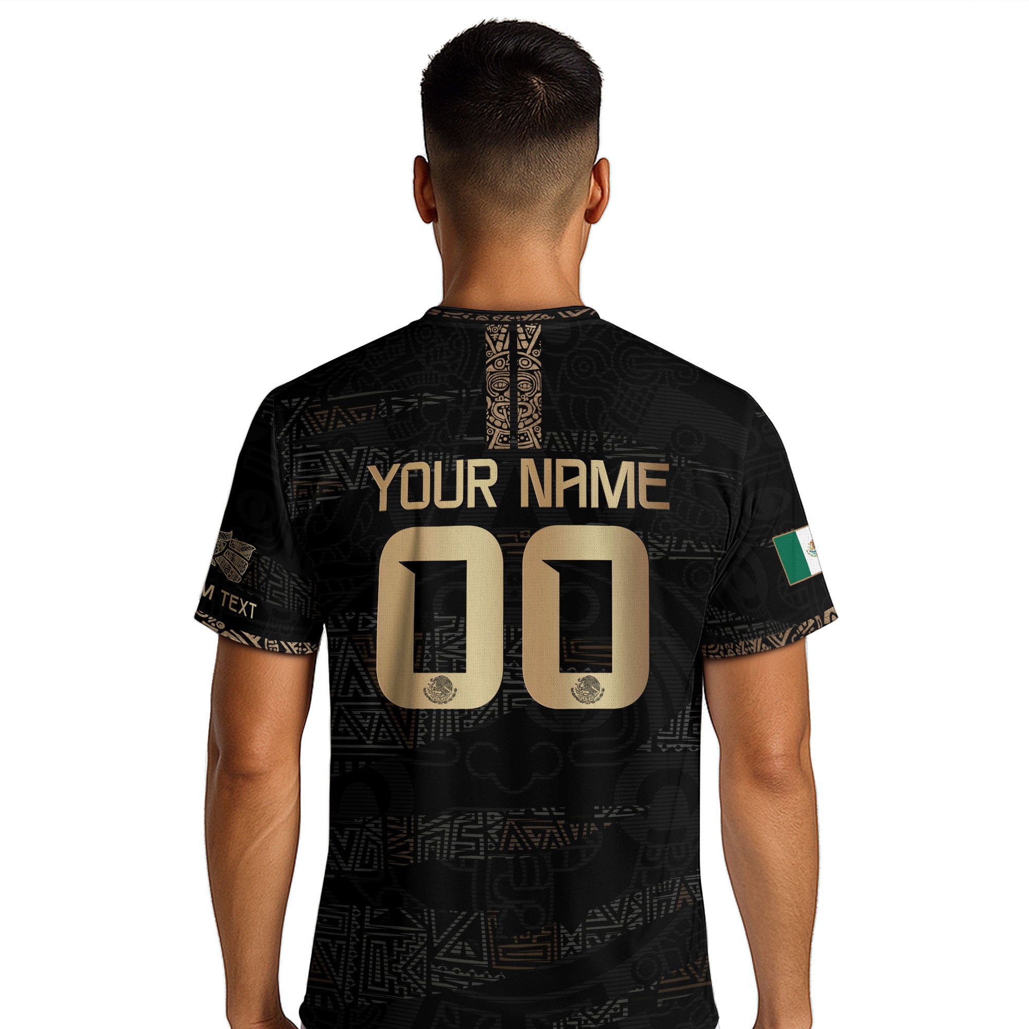 Custom Mexico Soccer Jersey Black Gold Aztec Design