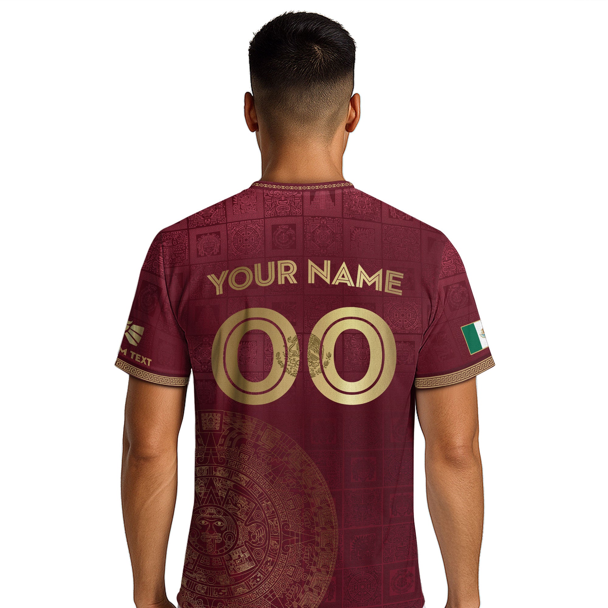 Custom Mexico Maroon Golden Aztec Calendar Soccer Jersey